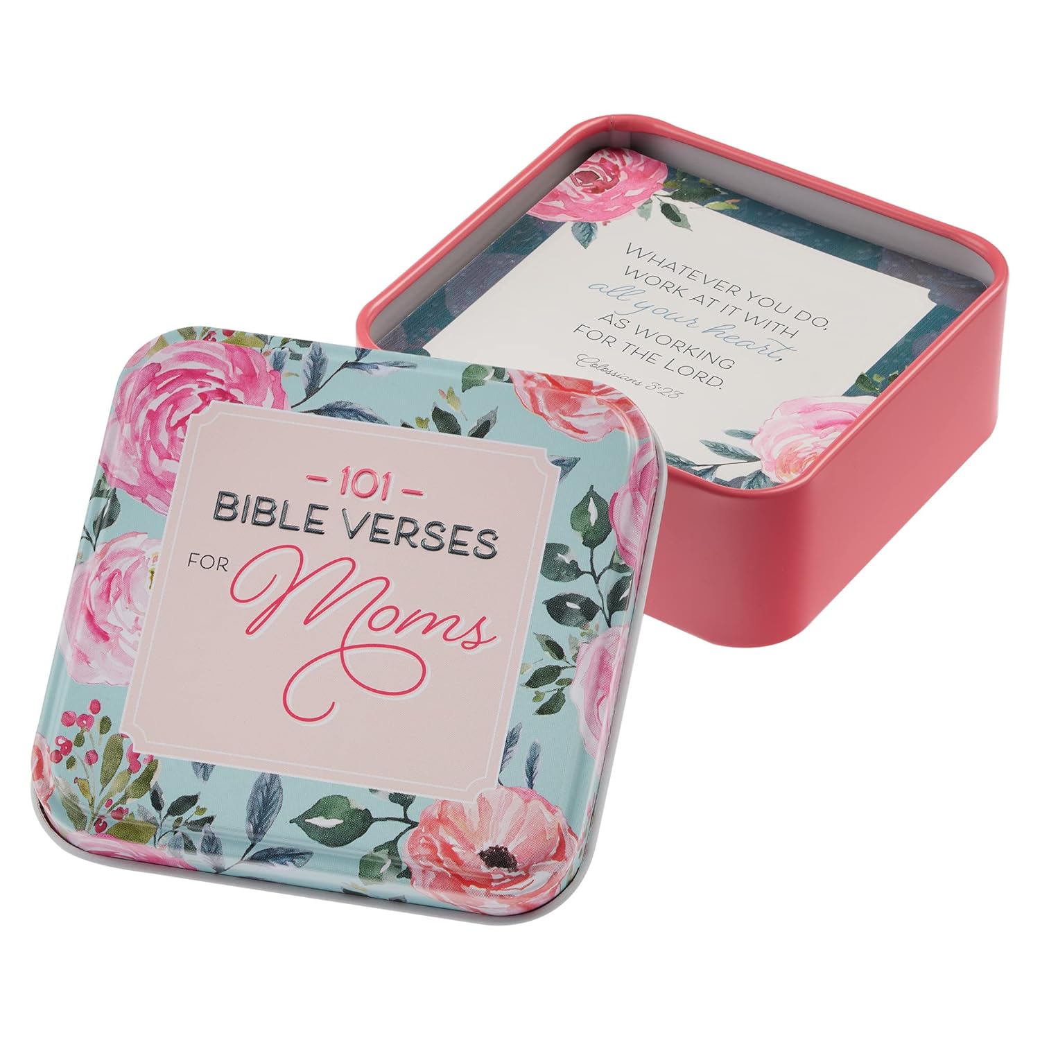 Scripture Devotional Cards - 101 Bible Verses For Moms - Daily Encouraging Devotion Prayer Card For Mothers, 51 Double-Sided Cards In Sturdy Storage Gift Tin, Floral, Coral Pink