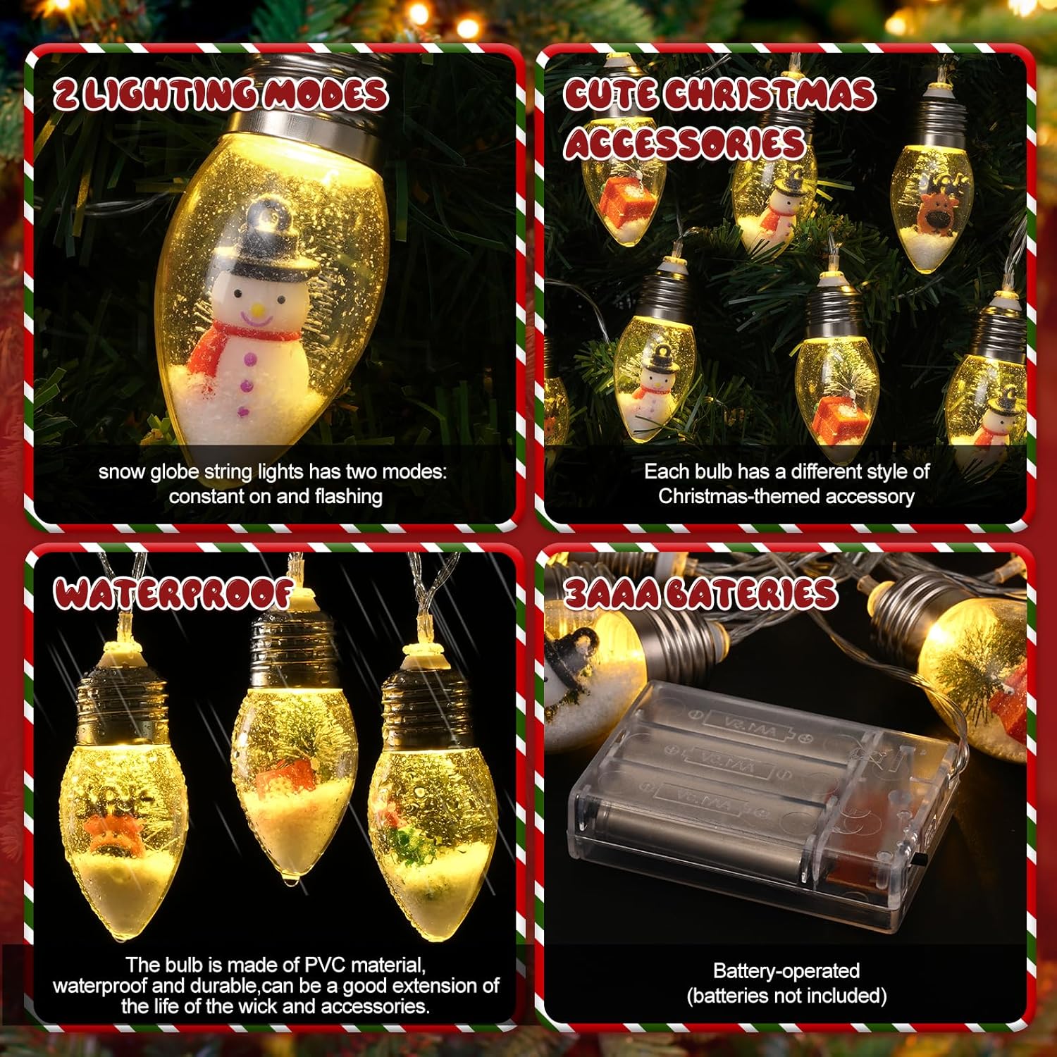 2Pcs Christmas Snow Globe String Lights, 13.2Ft Vintage Christmas Lights Indoor, 20 Led Globe Bulbs String Light With Sn