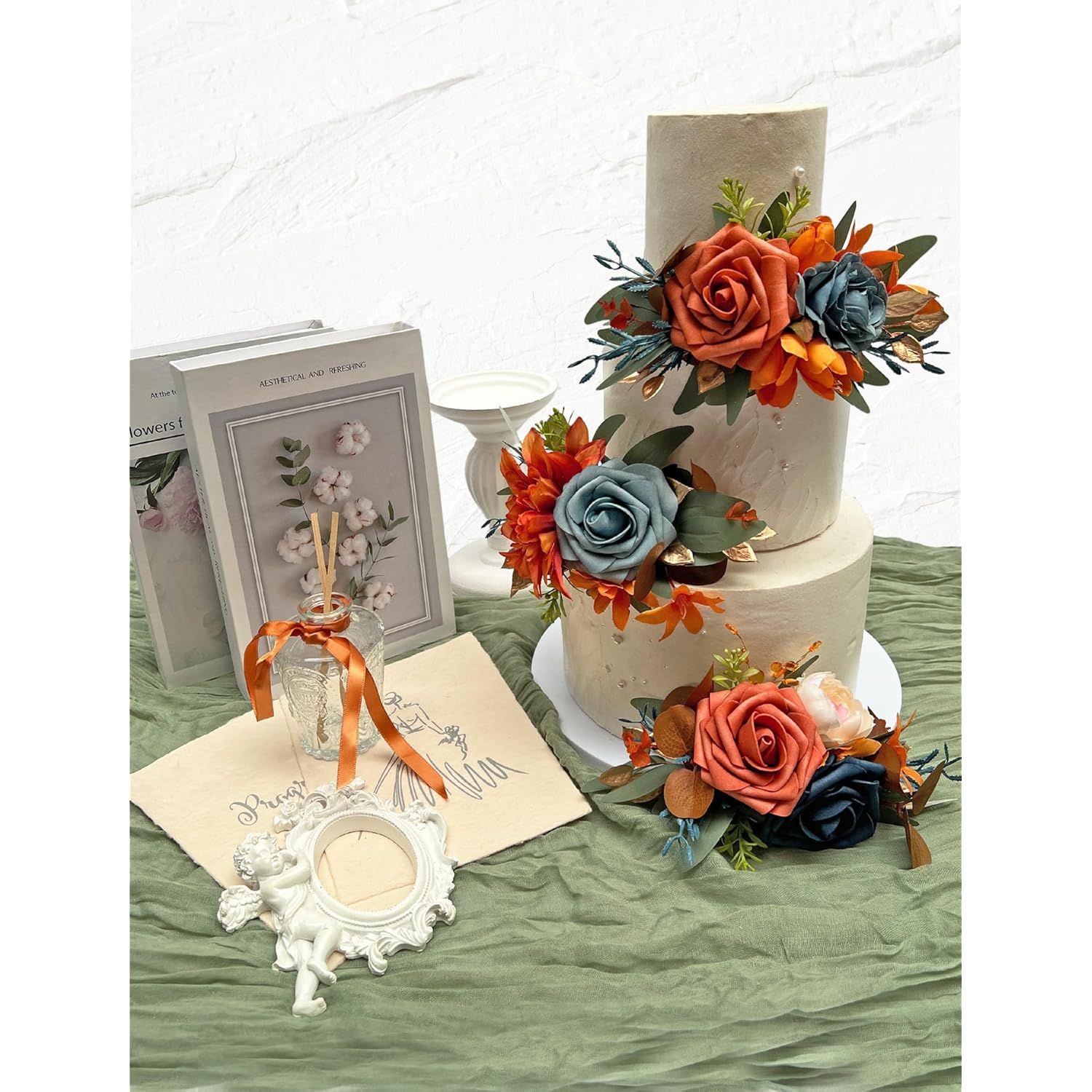 3Pcs Cake Topper Set, Wedding Artificial Flowers Decor Burnt Orange-Blue, Perfect For Wedding Ceremony, Anniversary, Parties & Photography