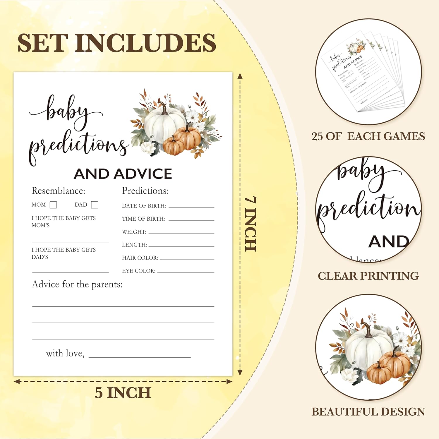 Fall Baby Shower Games, Baby Predictions And Advice Themed Gender Reveal Party Game, Fall Festival Games Cards With Pumpkin Design, Boho Baby Shower Games, Thanksgiving Party Supplies -06
