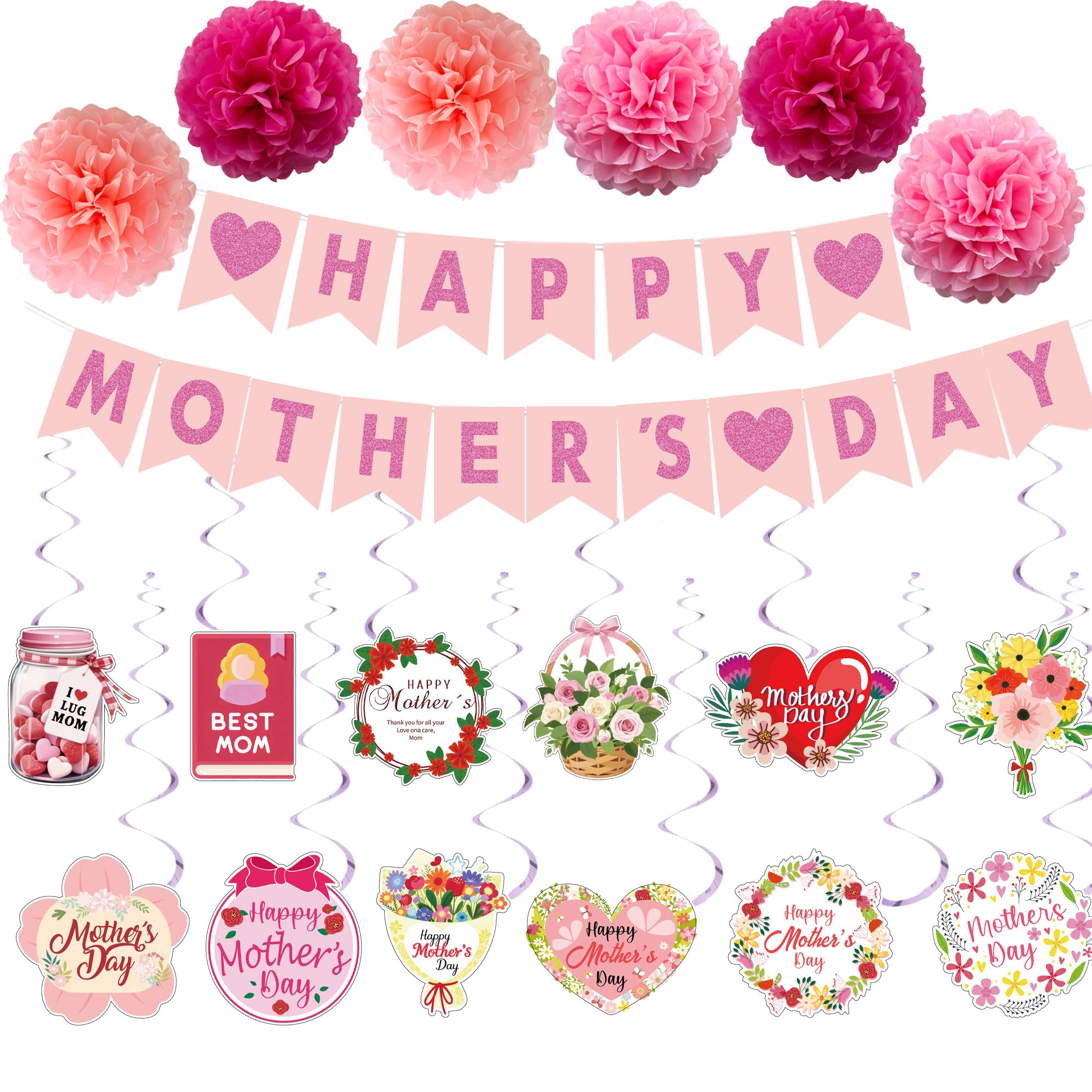 Mother's Day Decorations Set - Happy Mother's Day Glitter Banner, 6Pcs Paper Pom Poms, 14Pcs Hanging Swirls with Flower Cutouts - Pink Floral Party Supplies for Home, Office, Classroom