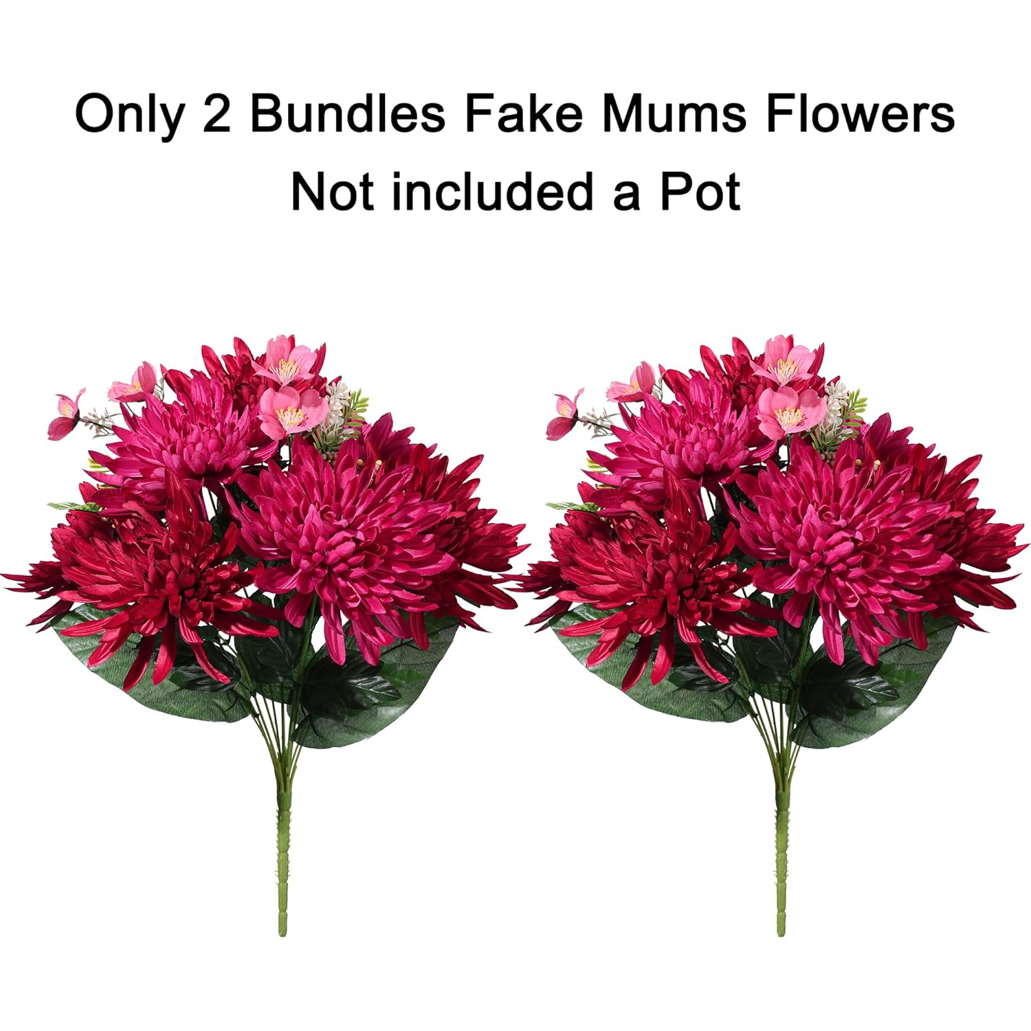2 Bundles Artificial Fake Silk Chrysanthemum Flowers Bouquets Faux Flower With Long Stems, Autumn Bouquet Flowers Wedding Party Home Decor(Not Included A Pot (Red)