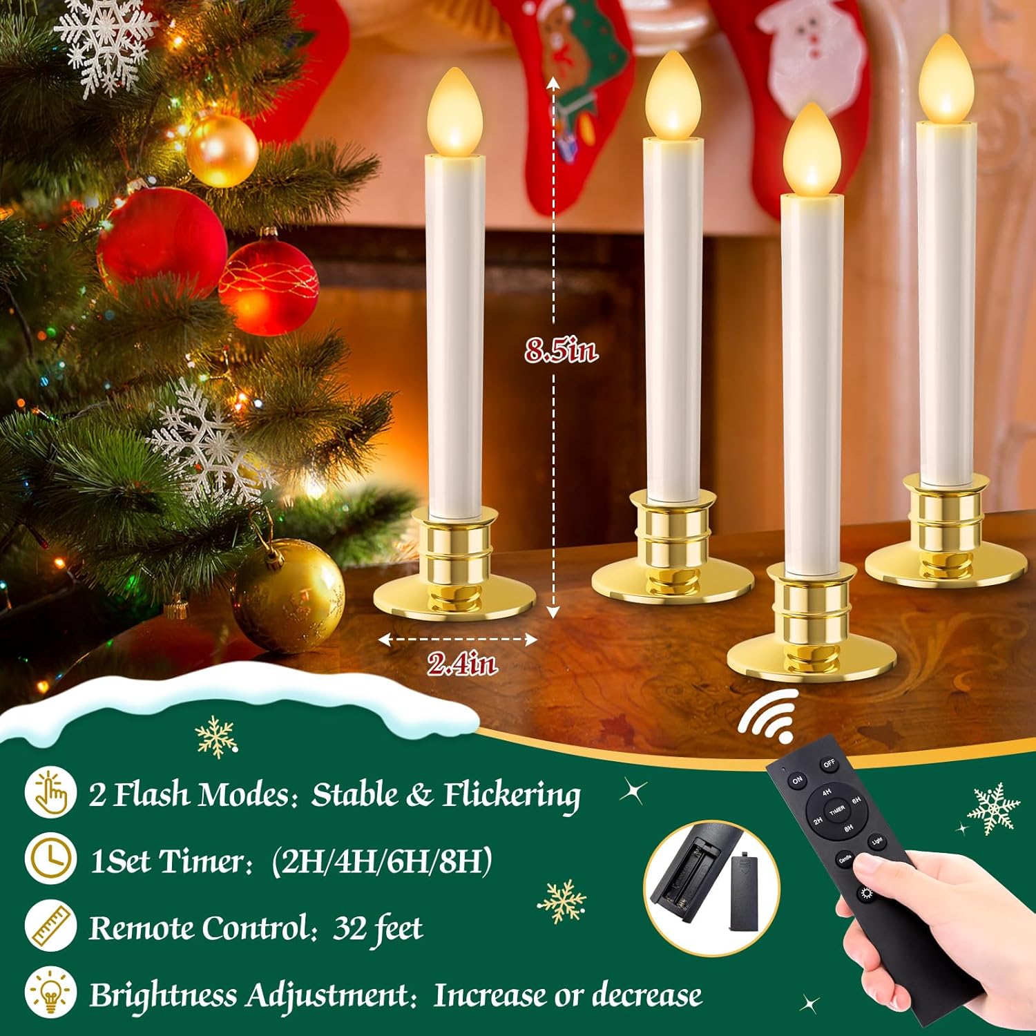 Christmas Window Candles Lights 6 Pack Battery Operated Candles With Remote Control Timer Gold Holders Flameless Candle Taper Led Candle Christmas Decorations Window Decorations Party Xmas Table Top