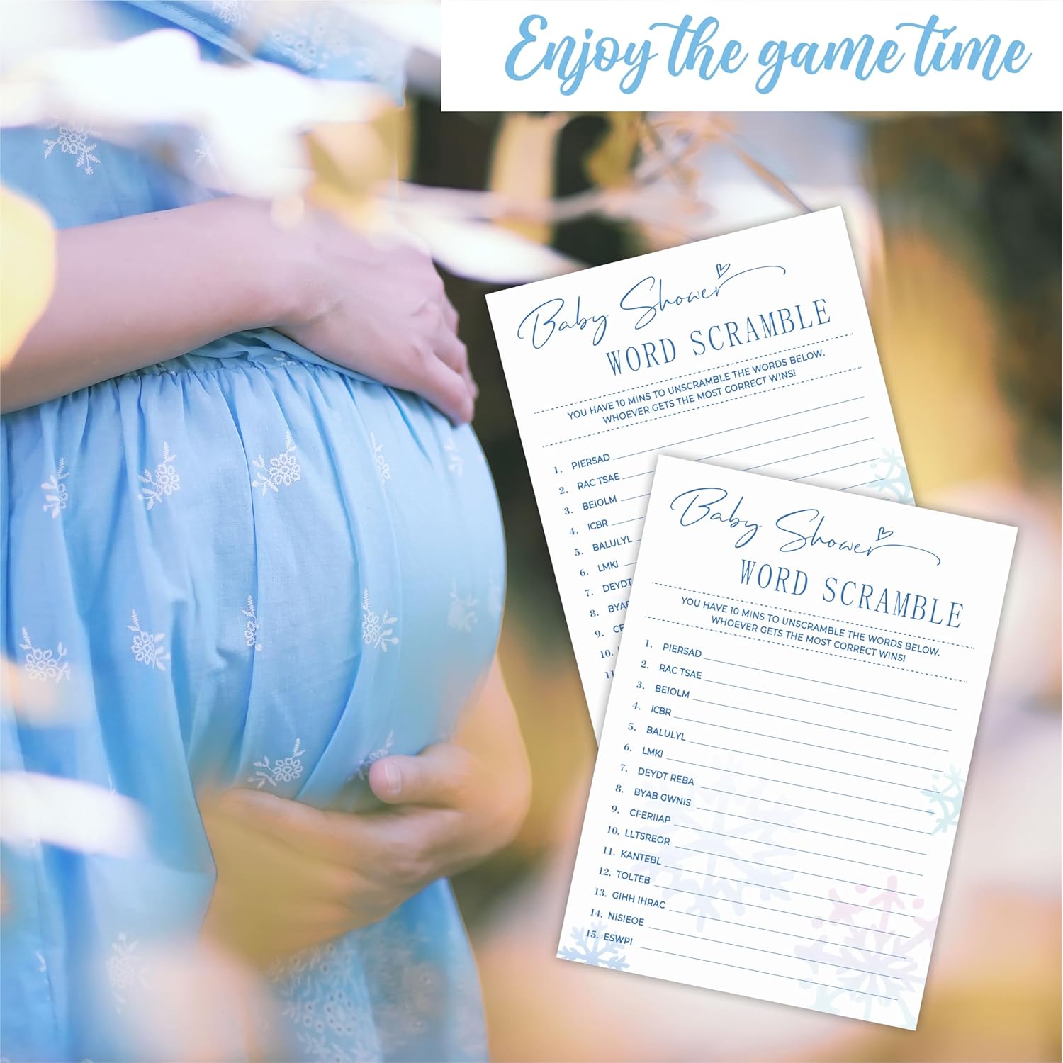Baby Shower Word Scramble Game Kit, 30 Double Sided Fill-In Winter Snowflakes Cards With Answer Card - Holiday Party Favor & Decorations, Gender Reveal Game & A07