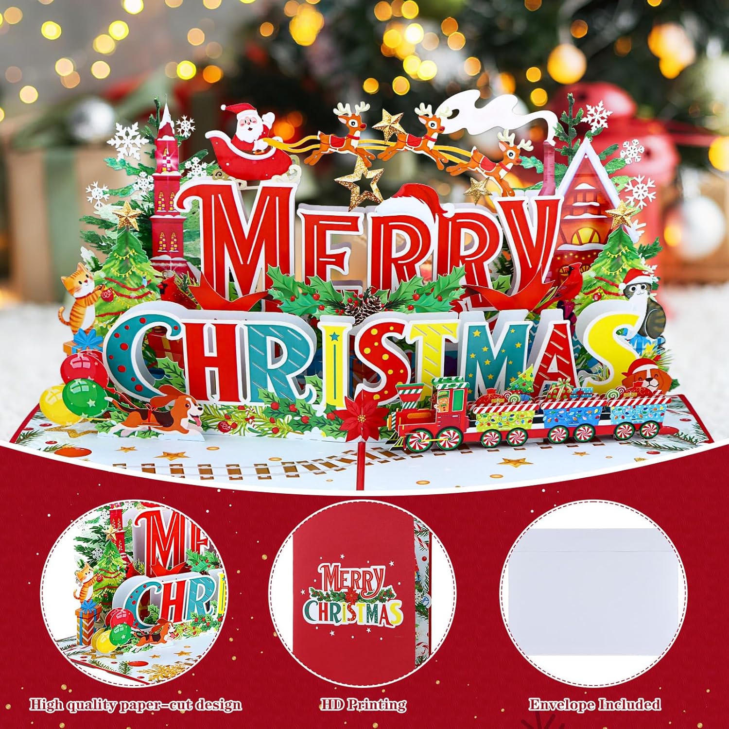 3D Pop Up Christmas Cards, Festive Xmas Popup Card With Unique Holiday Scene For Family, Friends, Includes Envelope And Writing Insert