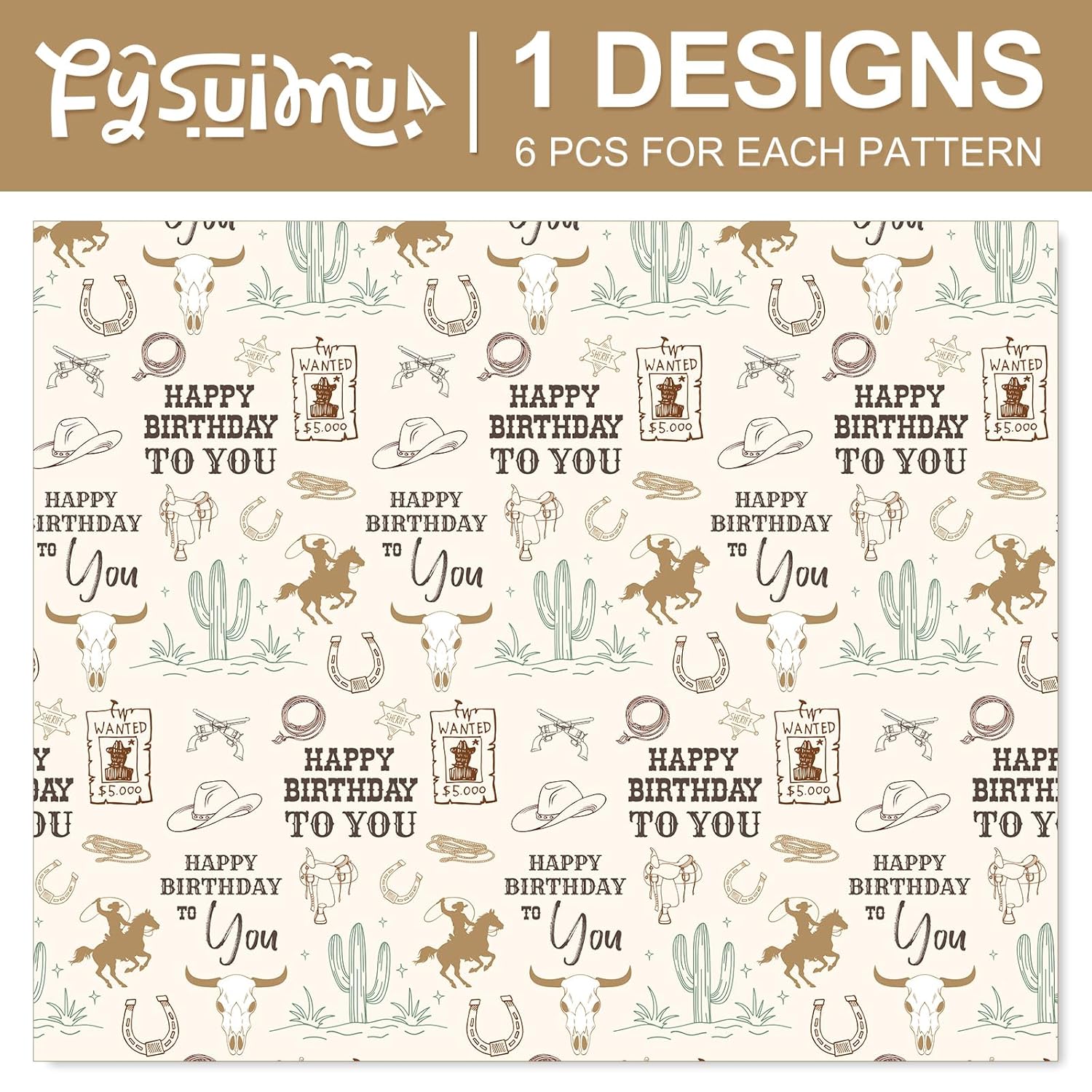 6 Sheets Happy Birthday Wrapping Paper - Not Roll - Western Cowboy Gift Wrap Paper Folded Flat For Wild West Rodeo Birthday Diy Crafts, 19.7 X 27.6 Inch
