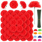 108Pcs Carnation Head Flowers With Stem - Red Artificial Flowers Carnation Bulk - Silk Carnations Fake Flower For Wedding Bouquet Diy Baby Shower Centerpieces Grad Party Tables Memorial Decor