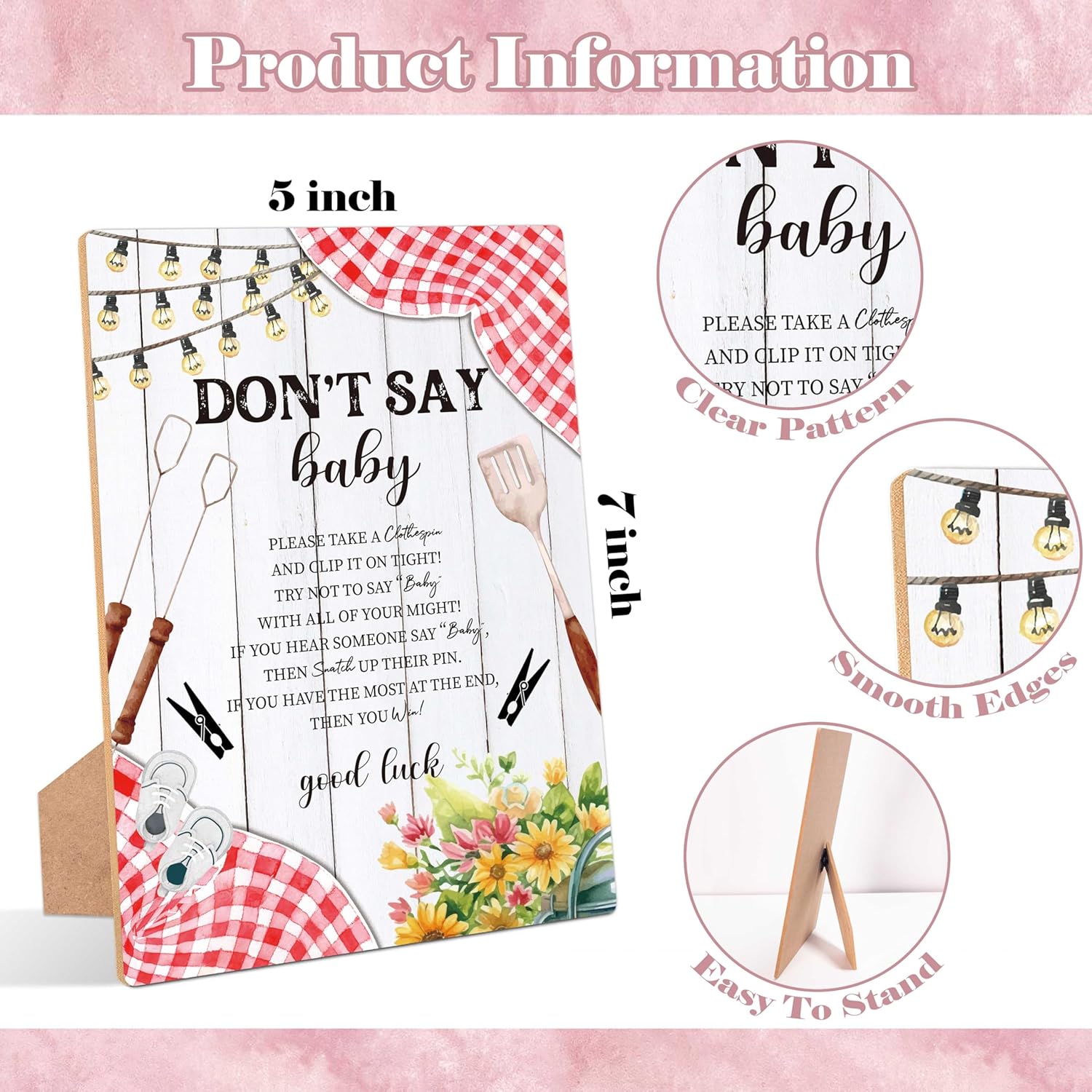 Bbq Don'T Say Baby Clothespin Game, Pack Of 1 Wooden Tabletop Sign With Stand And 50 Mini Natural Clothespins, Backyard Baby Shower Game, Gender Reveal Party Decorations - Qx13