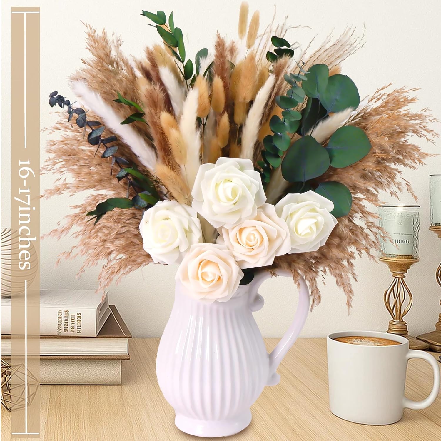 120Pcs Artificial Roses & Natural Pampas Grass, 17" Boho Mixed Dried Flower Bouquet For Vase, Table, Living Room, Home Decor, Wedding, Floral Arrangements, Xmas Flowers Gifts