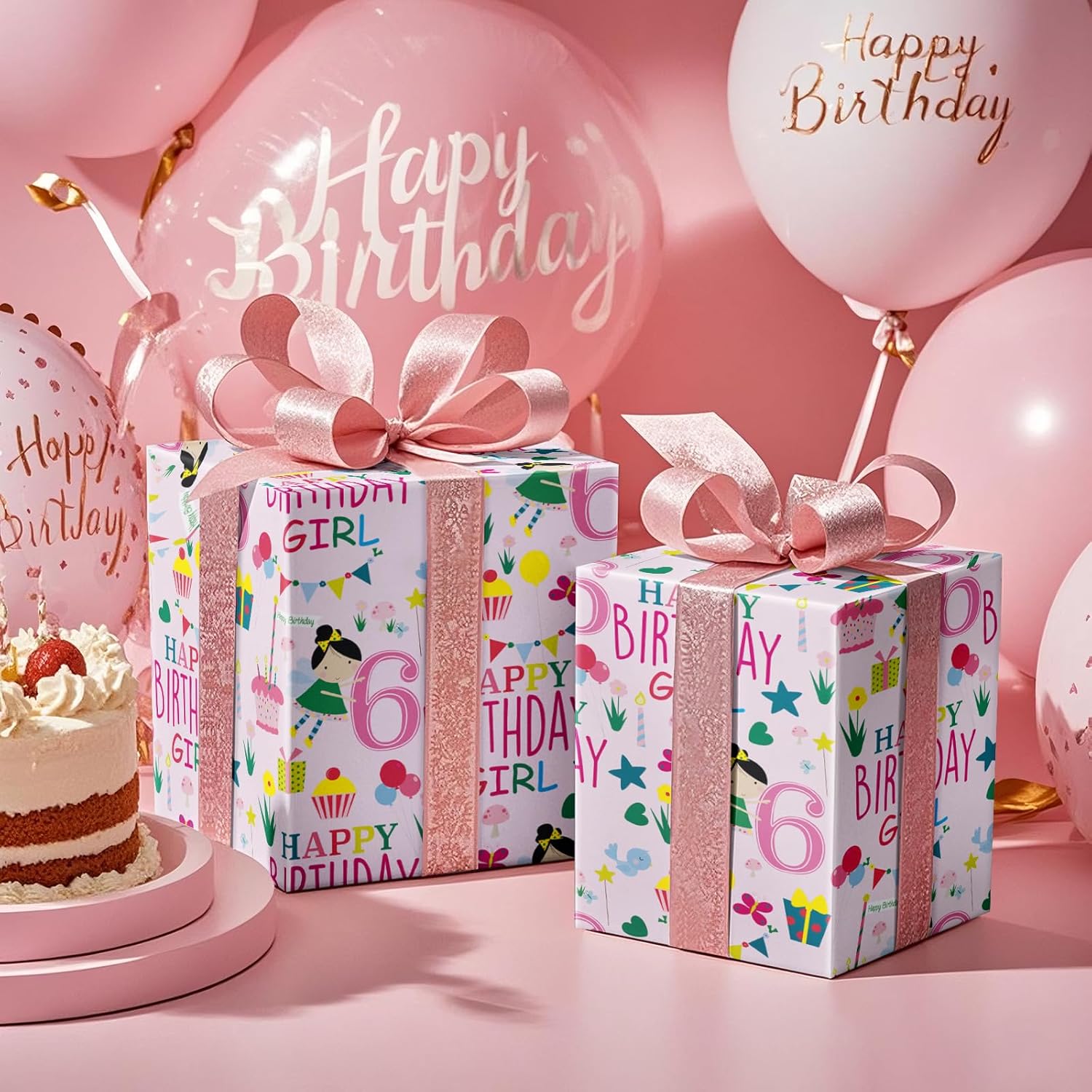 Happy 6Th Birthday Wrapping Paper Roll For Girls, Mini Roll, Pink Happy Birthday Girl Pattern Design For Party And More, 17 Inches X 16.4 Feet, 6 Years Old