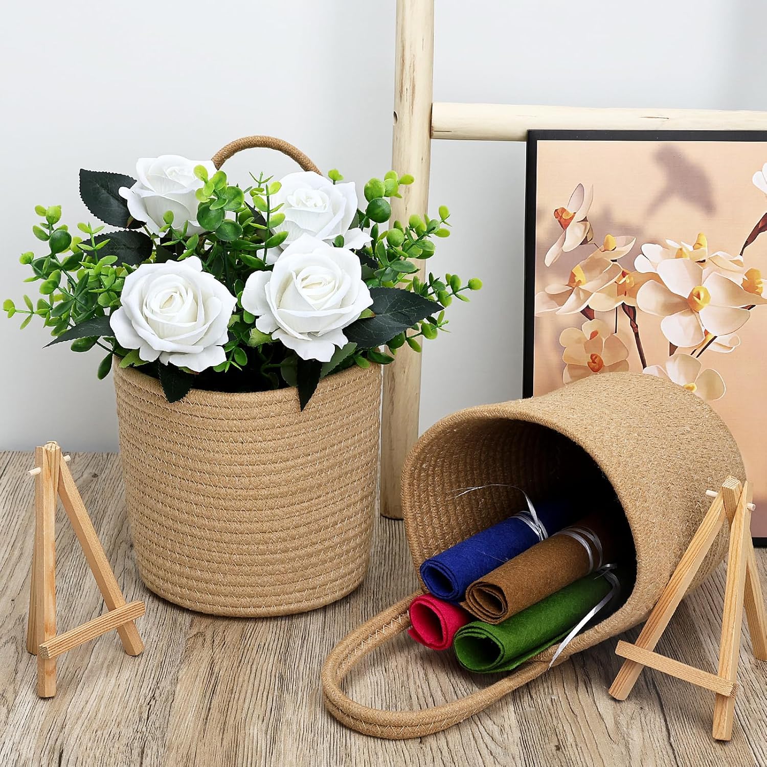 Artificial Roses Flowers With Jute Hanging Basket Pack Of 2, Faux Flannel Floral Eucalyptus Arrangement For Entryway Kitchen Bedroom Living Room Home Decorations - White