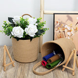 Artificial Roses Flowers With Jute Hanging Basket Pack Of 2, Faux Flannel Floral Eucalyptus Arrangement For Entryway Kitchen Bedroom Living Room Home Decorations - White