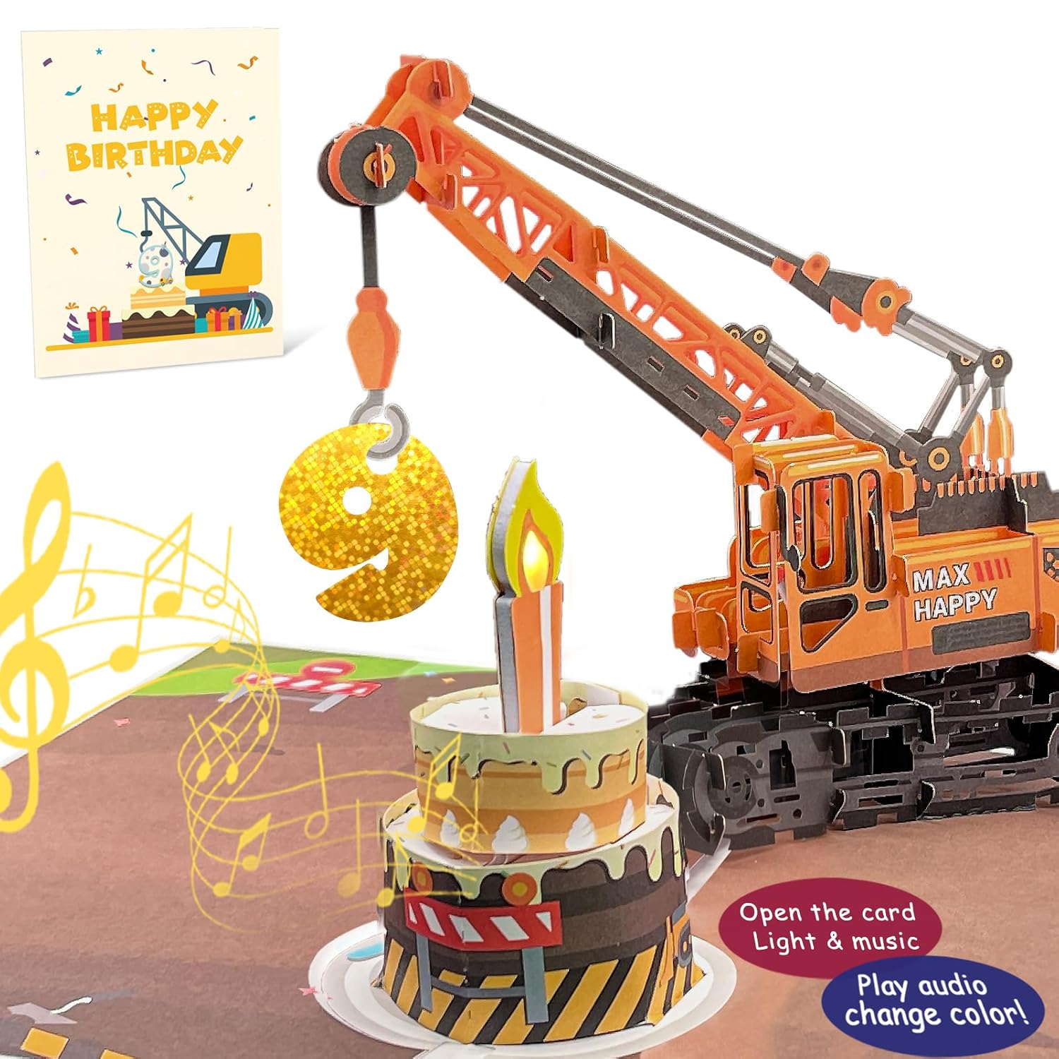3D Greeting Pop Up 9Th Birthday Card With Light And Music, Crane Truck Card For Boy, Nephew, Grandson, Son, Toddler, With Envelope, Message Card - Open It Play: Plays Hit Song 'Happy Birthday'