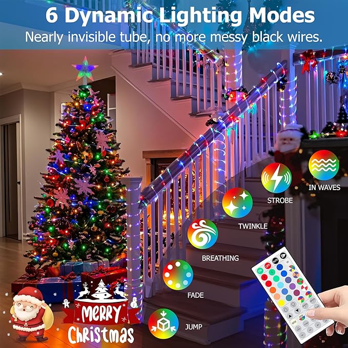 100FT Outdoor LED Rope Lights IP68 Waterproof RGB Warm White Color Changing String Lights with 25 Modes