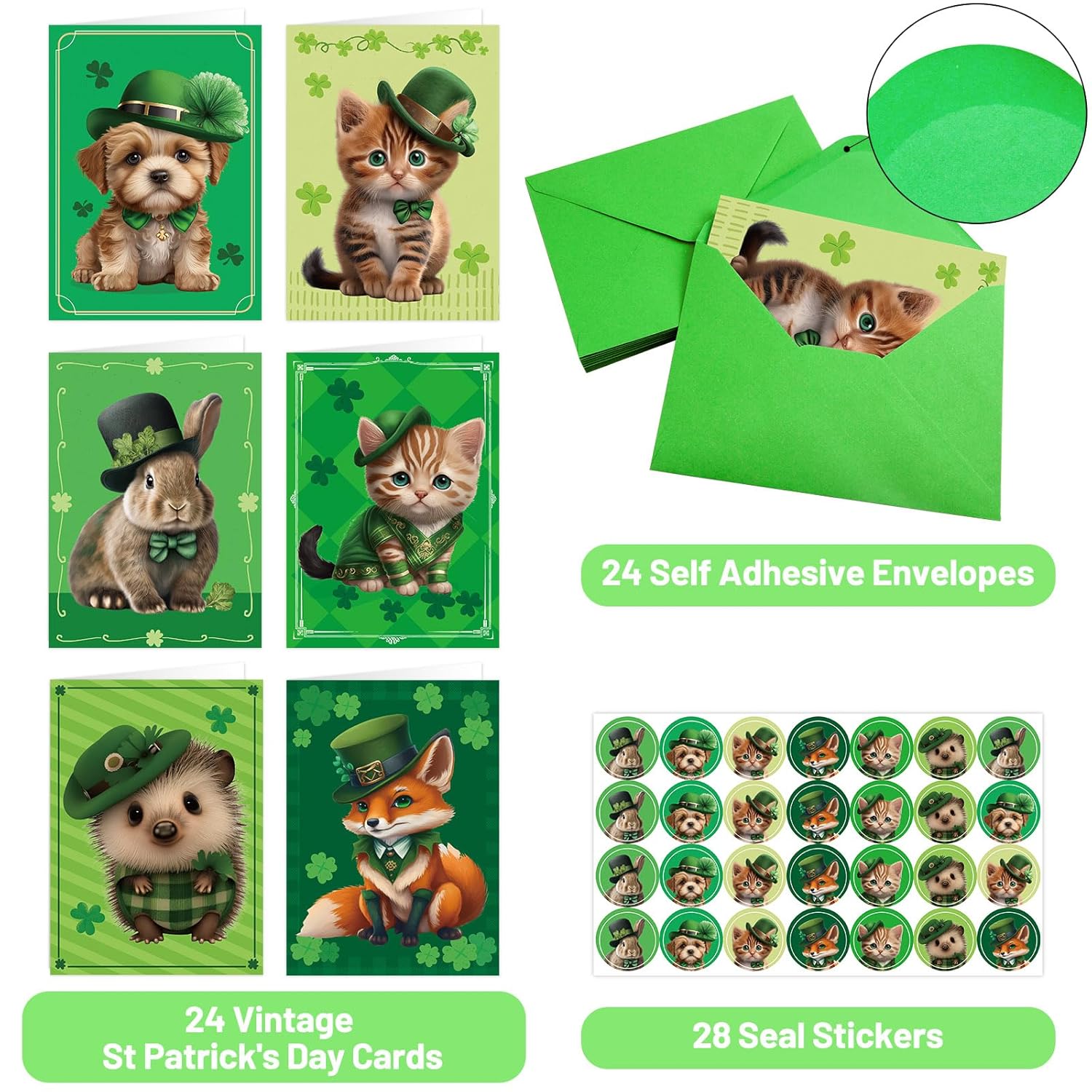 Treasure Cove St. Patrick's Day Card Set with Envelopes Green Greeting Cards Animal Design 24Pcs