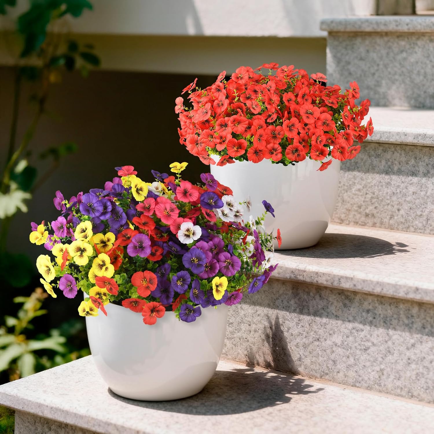 Artificial Fake Pansy Flowers For Outdoor Spring Decor, 12 Bundles Realistic Silk Pansies With Eucalyptus Stem Faux Plants Uv Resistant For Outside Planters Patio Garden Window Cemetery (Red)
