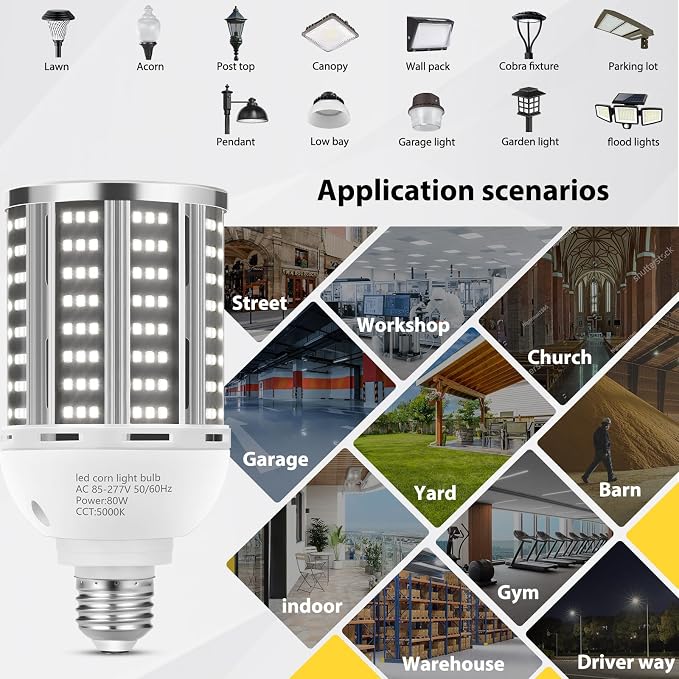 LED Corn Light Bulb 2 Pack 80W 10500LM Commercial Grade 5000K Daylight E26 E39 Warehouse Garage Lighting
