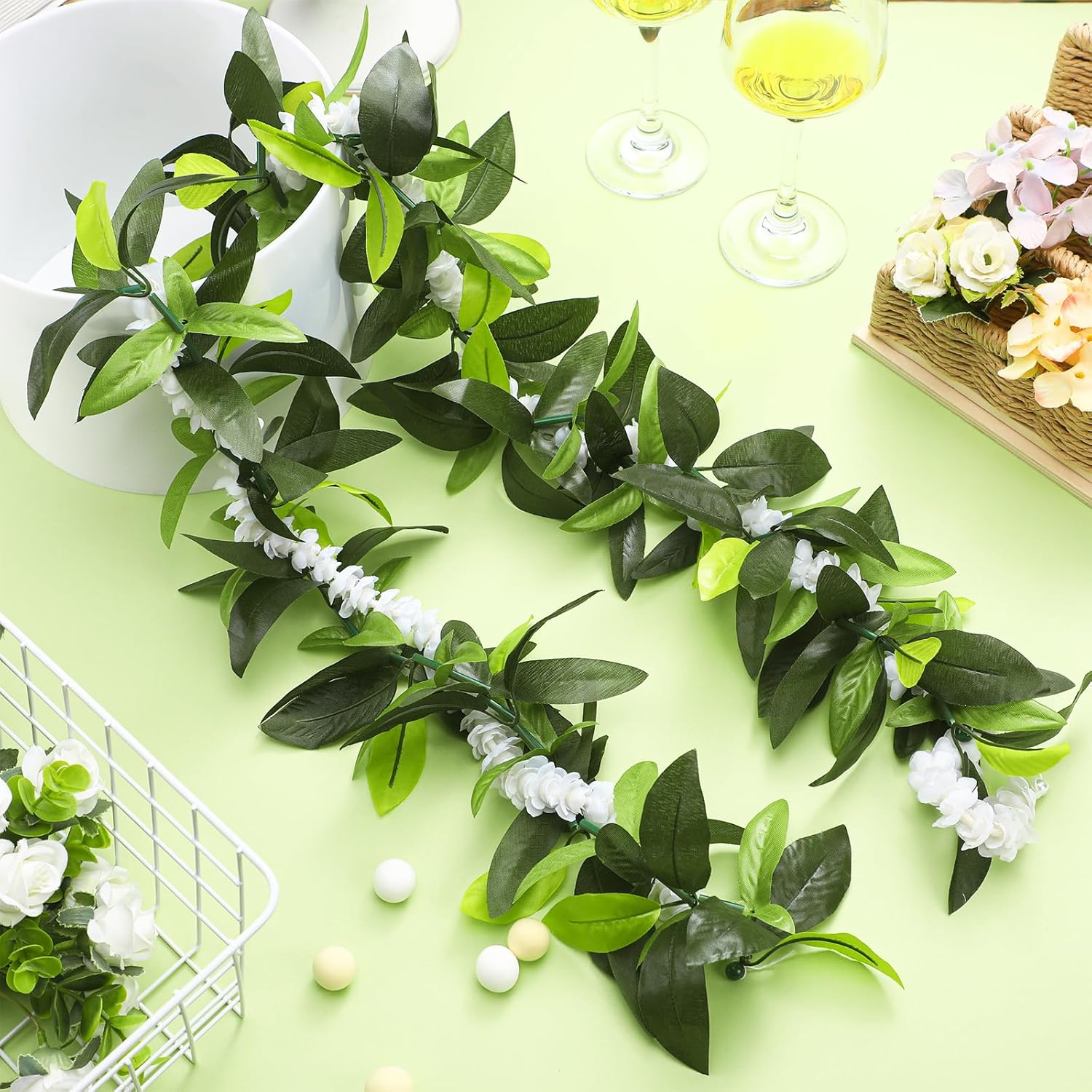 2 Pcs Hawaiian Luau Maile And Pikake Lei Graduation Lei Hawaiian Maile Lei Artificial For Wedding Graduation Party, 4.9 Ft