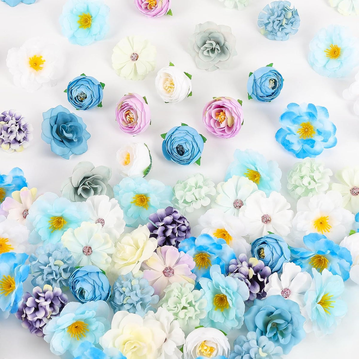 Mini Silk Flowrs Bulk Fake Flower Heads Small Flower 3D Loose Faux Daisy Rose Sunflowers Plum Blossoms Craft For Wedding Party Cake Baby Shower Home Decor, 110Pcs(Blue)