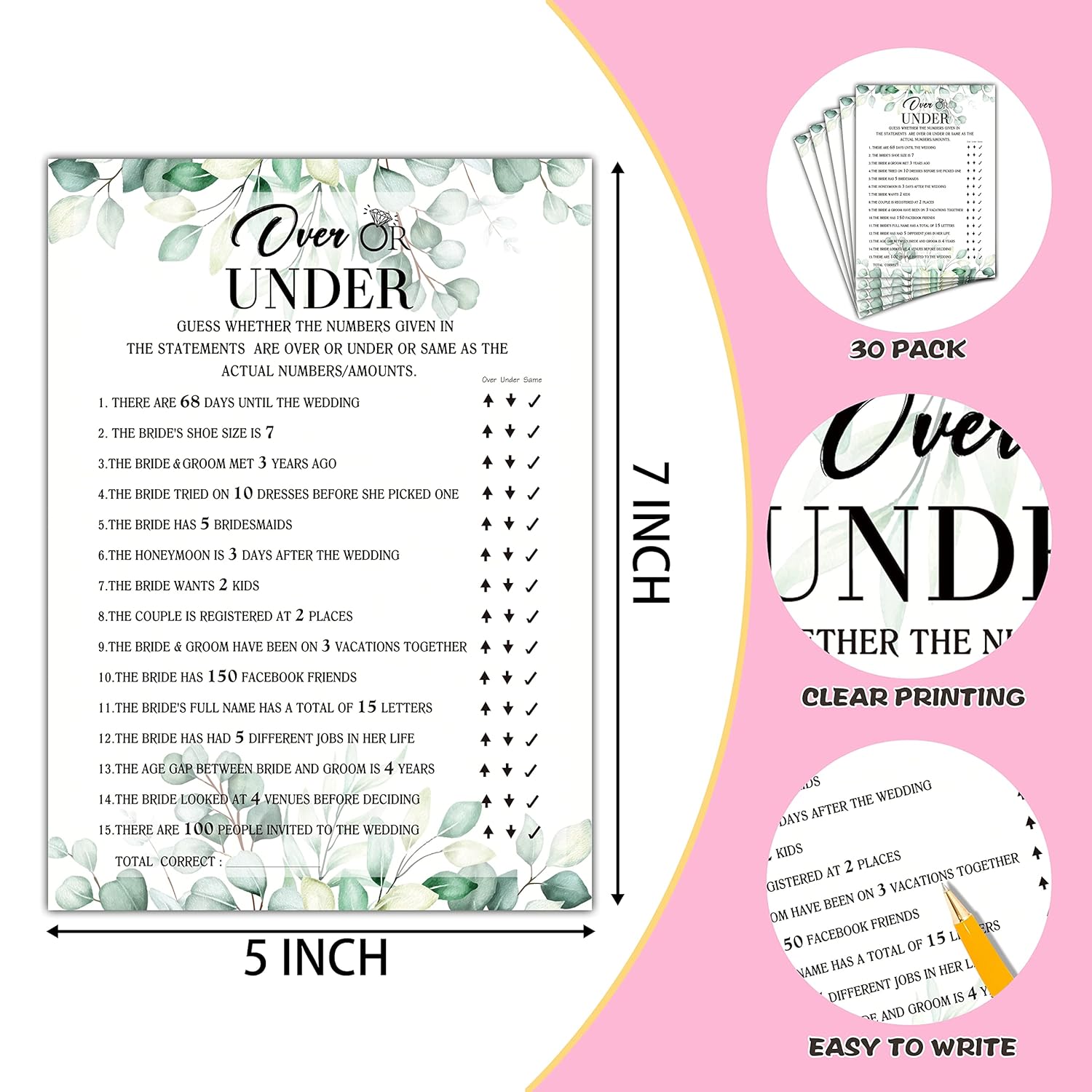 Bridal Shower Game Set - Over Or Under Party Cards For Wedding - Greenery Wedding Party Favor Decor - Tropical Jungle Engagement/Bachelorette Party Games Supplies & Activities - 30 Game Cards(B04)