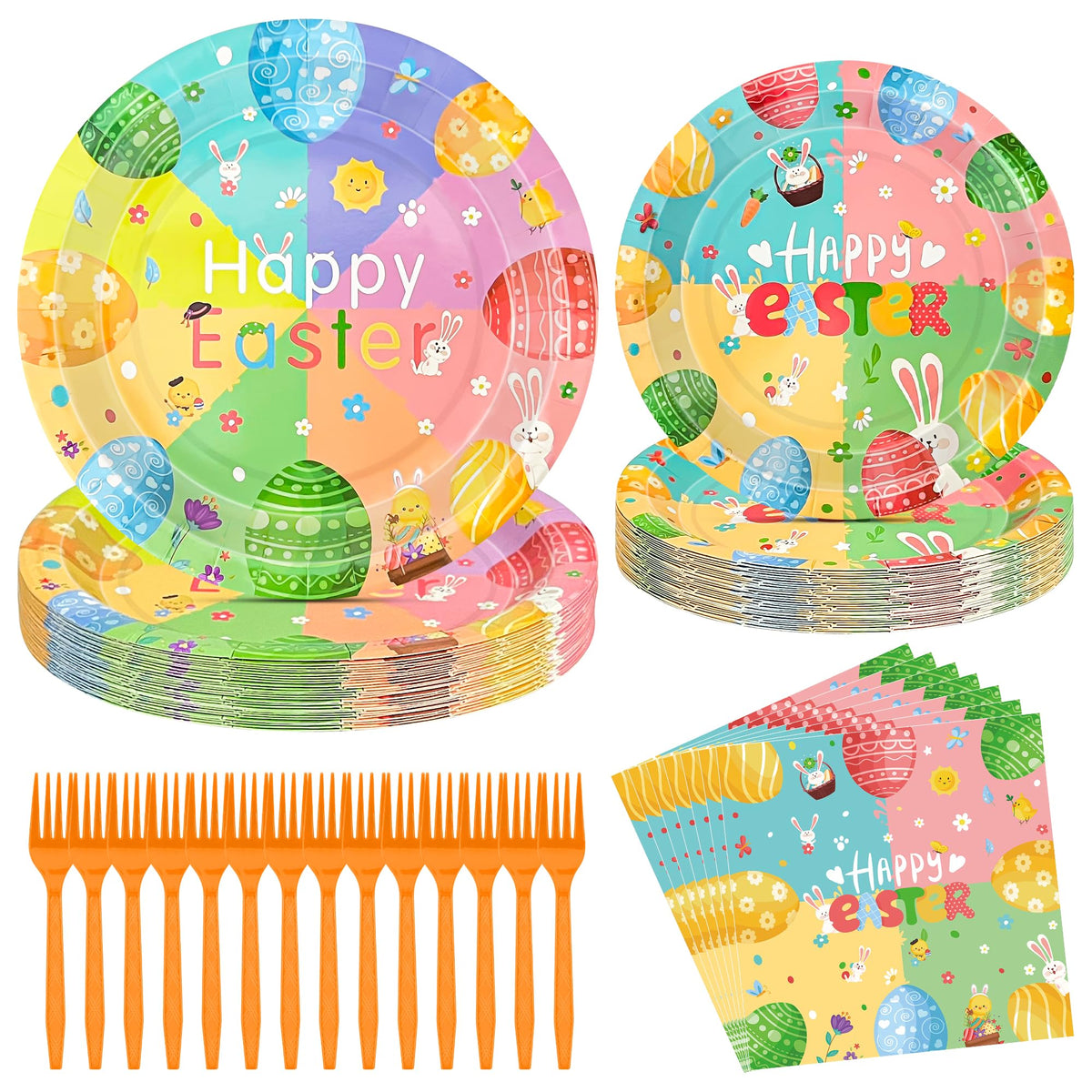 96 Pcs Easter Plates and Napkins Sets, 350GSM Easter Paper Plates, Colorful Spring Disposable Plates Napkins Forks Dinner Plates, Easter Dinnerware Tableware Party Supplies