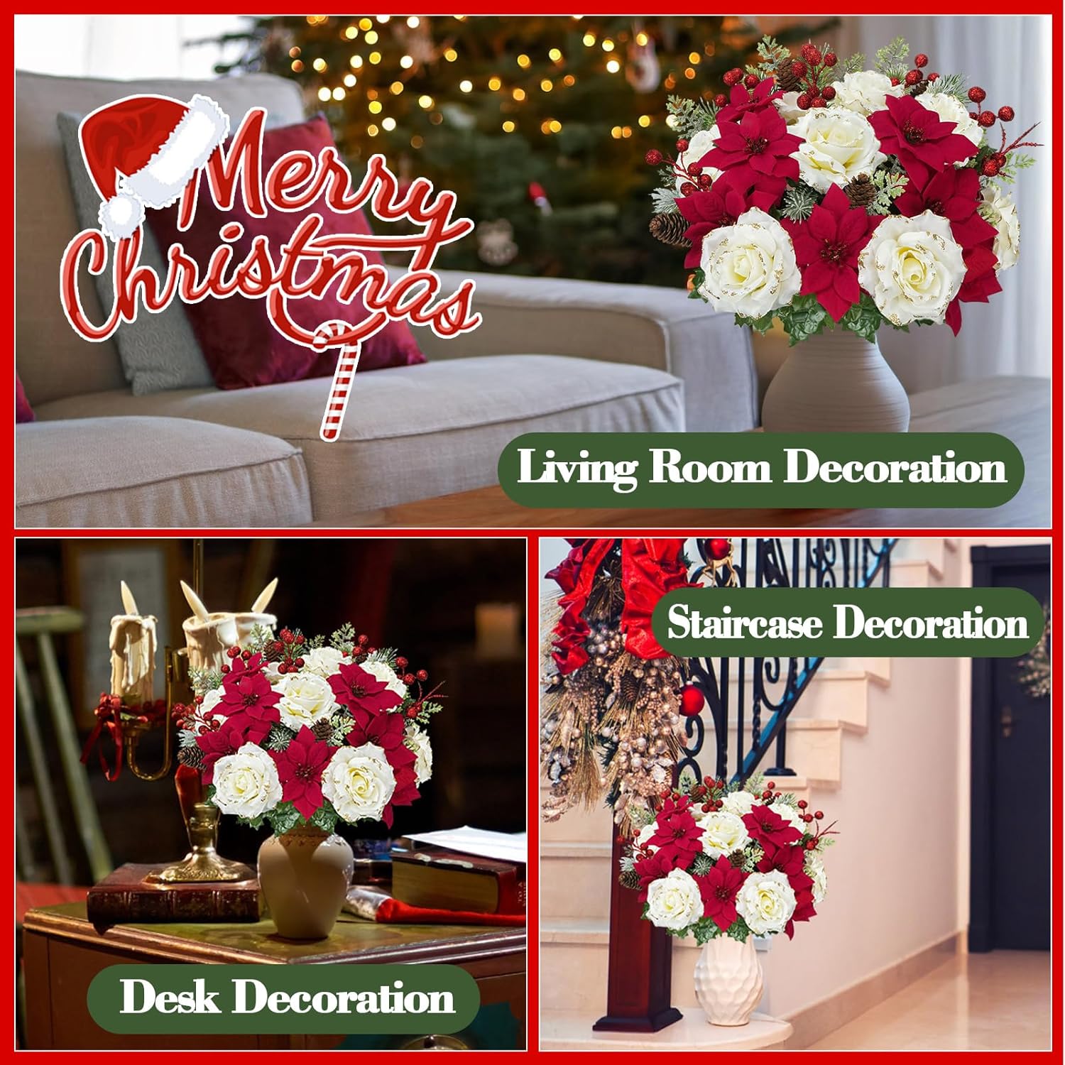 2Pcs Christmas Flowers Poinsettia Flowers Artificial 17Inch Poinsettias Faux Flower Bouquet With White Roses Berries For Christmas Table Decorations Xmas Tree Winter Mantel Decor