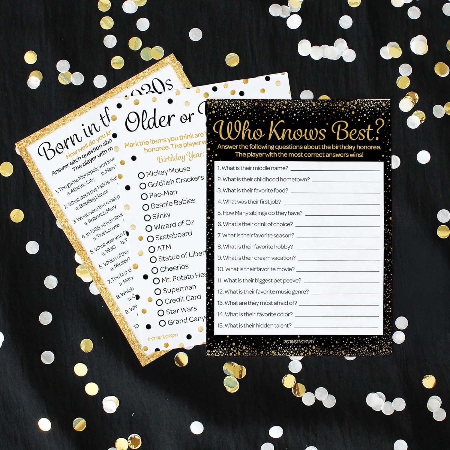 Black And Gold 90Th Birthday Game Bundle - Set Of 3 Birthday Party Games For 20 Guests, Born In The 1930S Theme