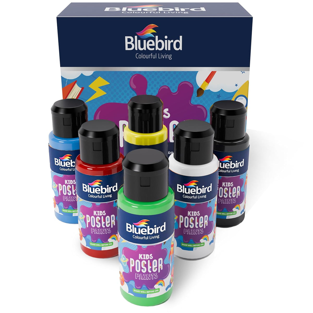 BLUEBIRD Premium Poster Paints 3.4 Fl Oz / 100ml Set of 6 - Vibrant Primary Colors for Stunning Artwork and Creative Projects