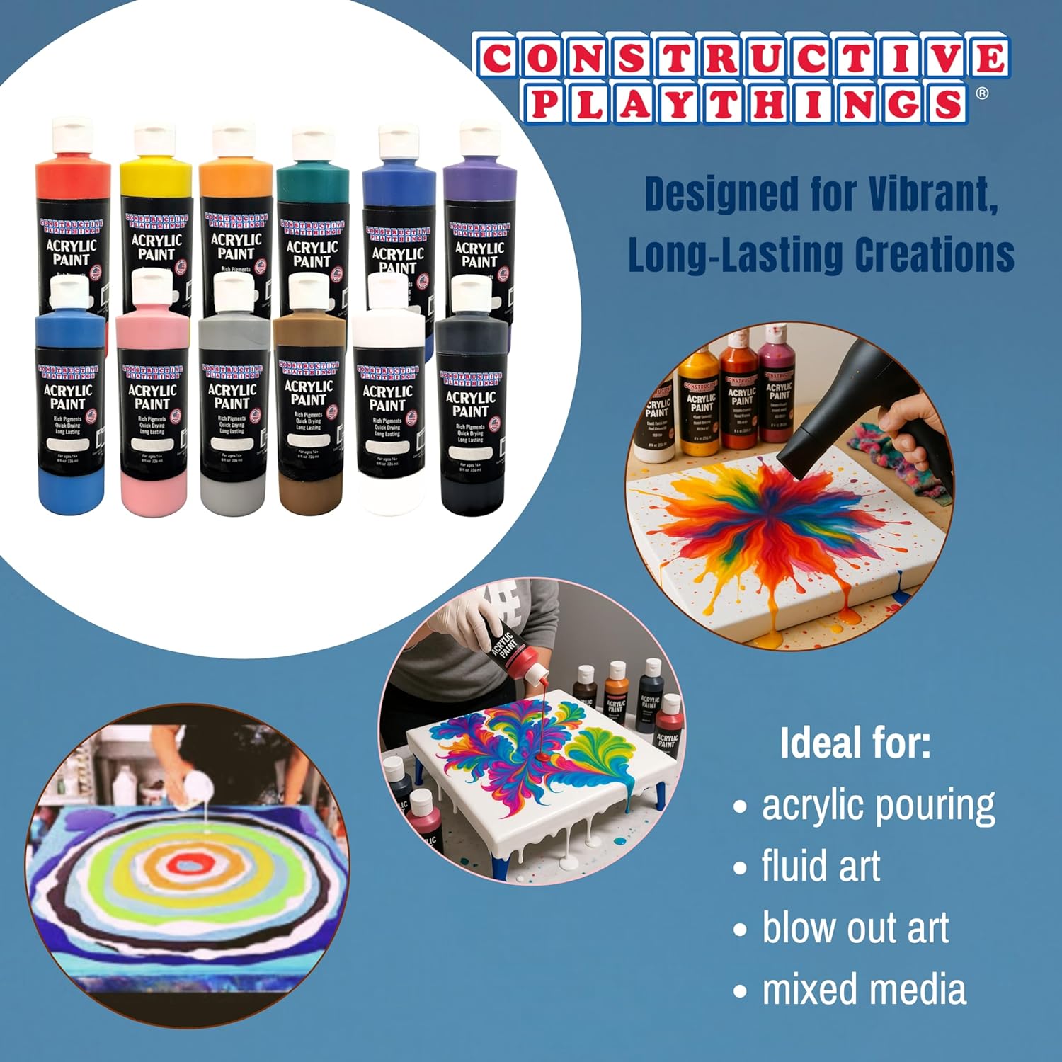 Constructive Playthings Acrylic Paint Set – 12 Vibrant 8 oz Bottles Made in the USA – Thick, Rich Pigment for Rock Painting, Pouring, Fluid Art & Canvas Painting