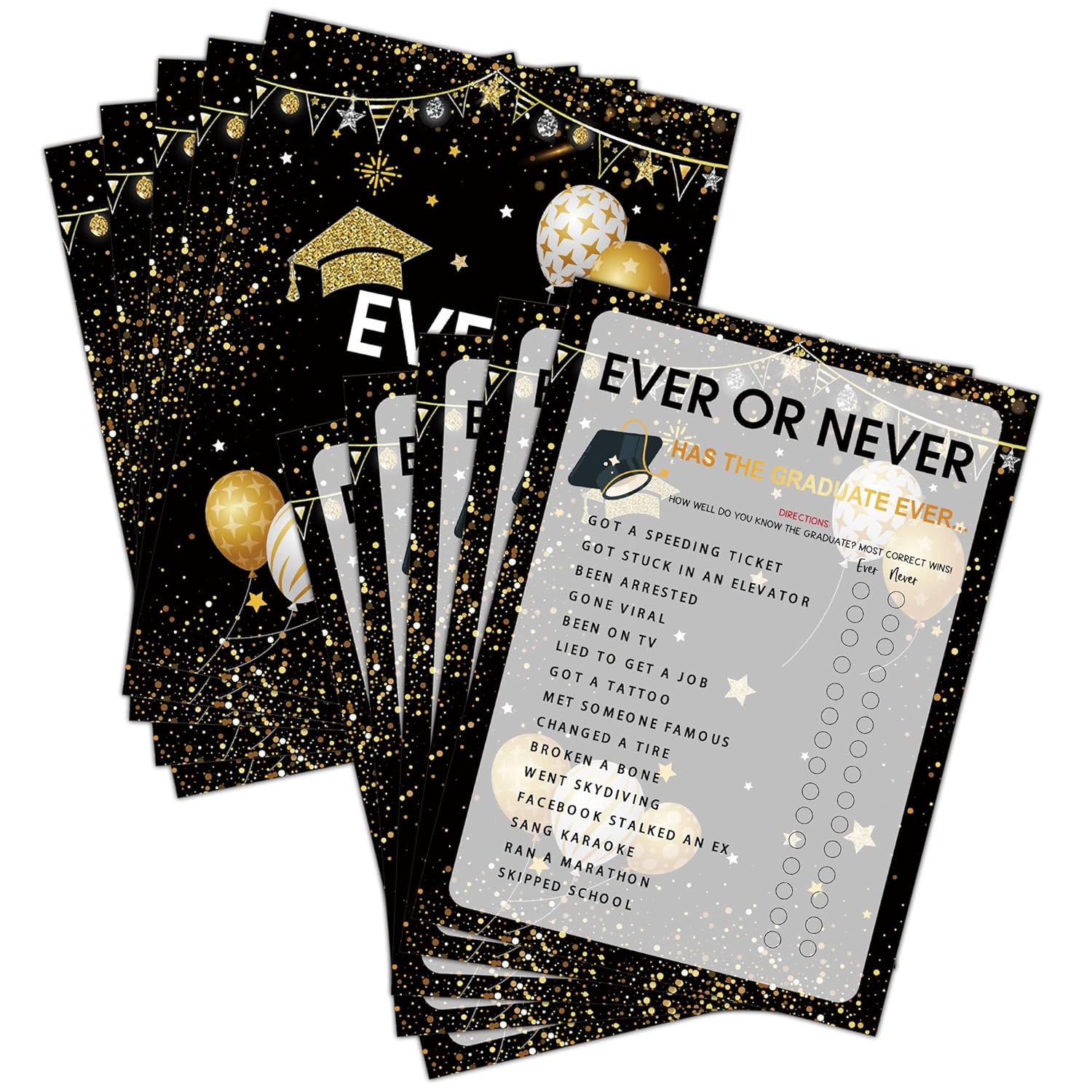 Graduation Party Games - Ever Or Never Game Cards For The Graduate - Graduation Party Decorations 2024 - Gold & Black Grad Celebrations Party Supplies For High School/College - 30 Game Cards(E02)