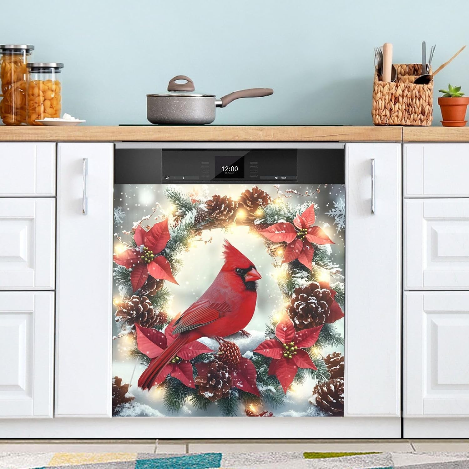 Red Cardinal Christmas Wreath Dishwasher Magnet Cover Sticker Panel Decal Refrigerator Magnetic Decorative