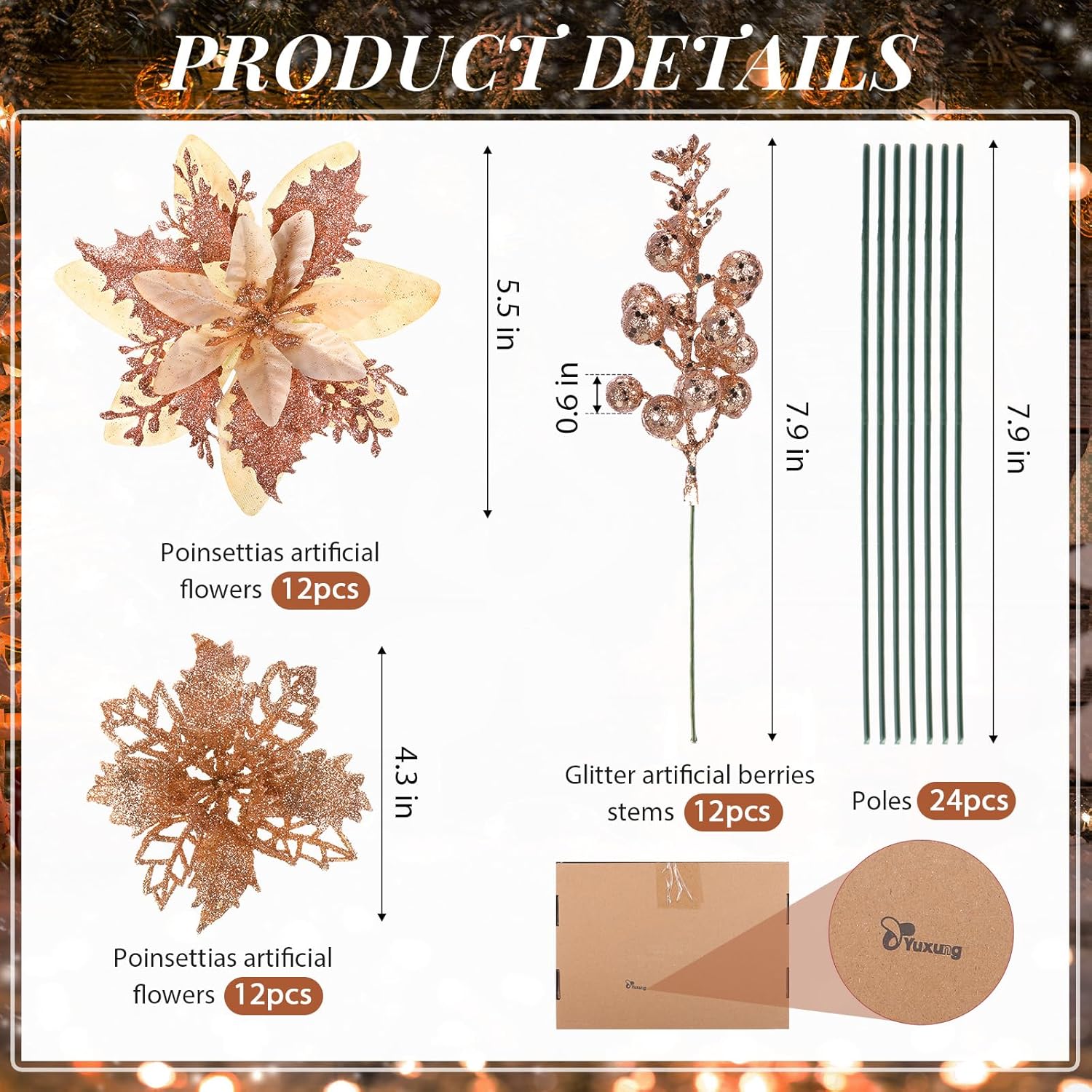 36 Pcs Champagne Poinsettias For Christmas Tree 2 Styles 5.5 4.5 Artificial Flower And 12 Berry Stem Glitter Flower Christmas Decoration Xmas Tree Ornament For Wreath Holiday