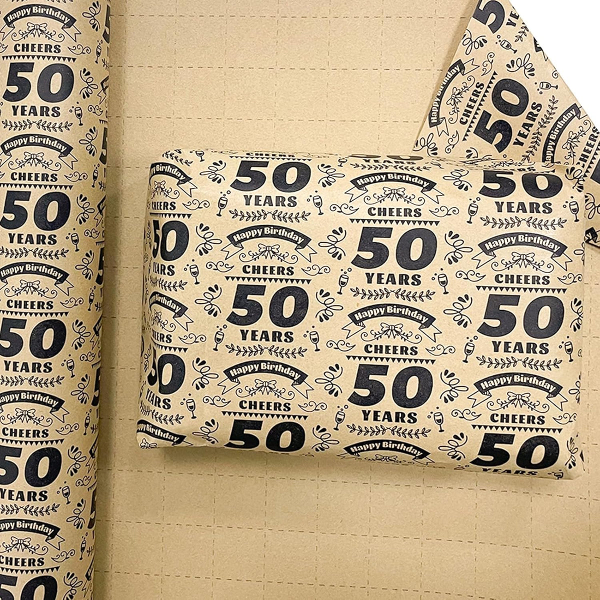 50Th Birthday Wrapping Paper Roll - 50 Year Old Happy Birthday Gift Wrapping Paper For Women Men 1975 Kraft Wrapping Paper With Cutting Line?17Inch X 49.2Ft?