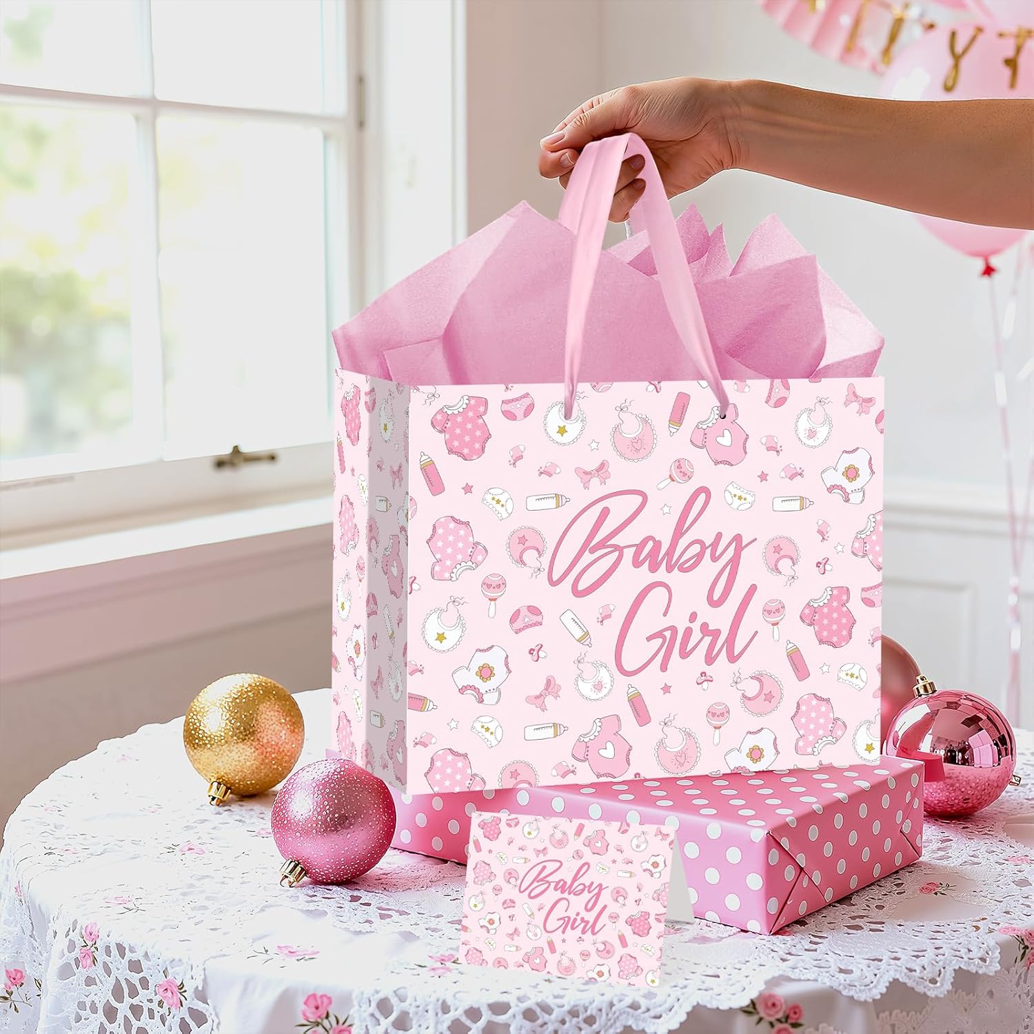 Pink Baby Girl Gift Bag Set With Greeting Card Tissue Paper Pink Baby Shower Wrapping Paper Bag For Girls Birthday Party Decorations Gender Reveal Newborn Welcome Baby Girls Gift Wrap Supplies