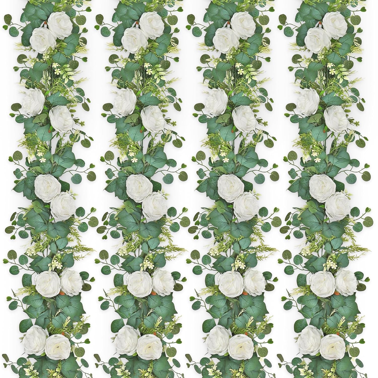 4 Pack 6.23 Ft Artificial Eucalyptus Garlands With White Roses,Faux Floral Greenery Garlands Fake Rose Flowers Vines Garlands For Wedding Table Centerpieces Arch Party Ceremony Backdrop Decor