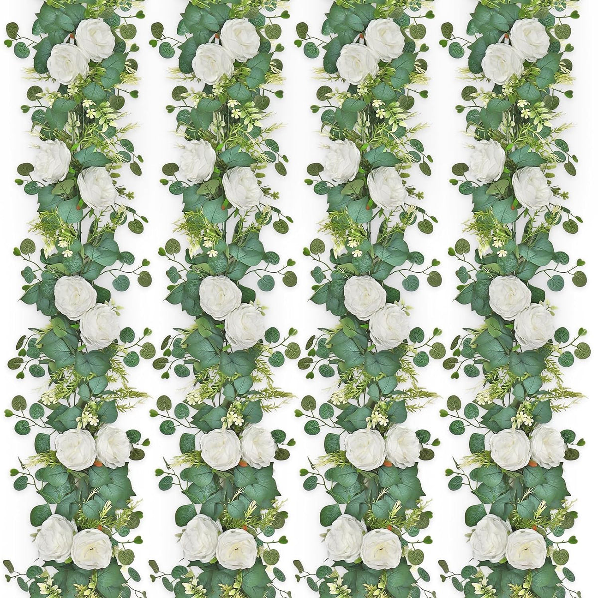 4 Pack 6.23 Ft Artificial Eucalyptus Garlands With White Roses,Faux Floral Greenery Garlands Fake Rose Flowers Vines Garlands For Wedding Table Centerpieces Arch Party Ceremony Backdrop Decor