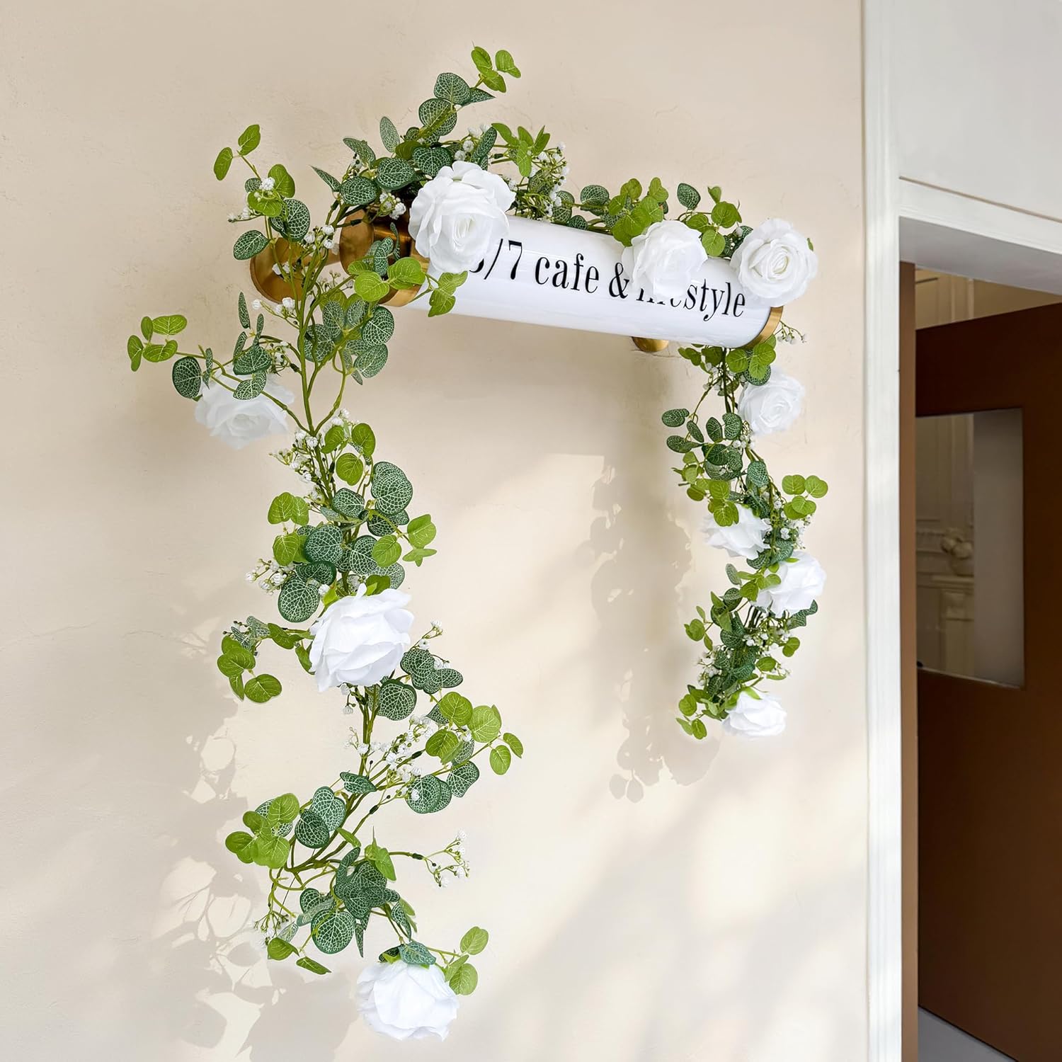 6Ft Artificial Eucalyptus Garland With Flowers, Fake Flower Rose Gypsophila, Faux Floral Greenery Garland For Wedding Spring Home Party Craft Art Table Runner Decor