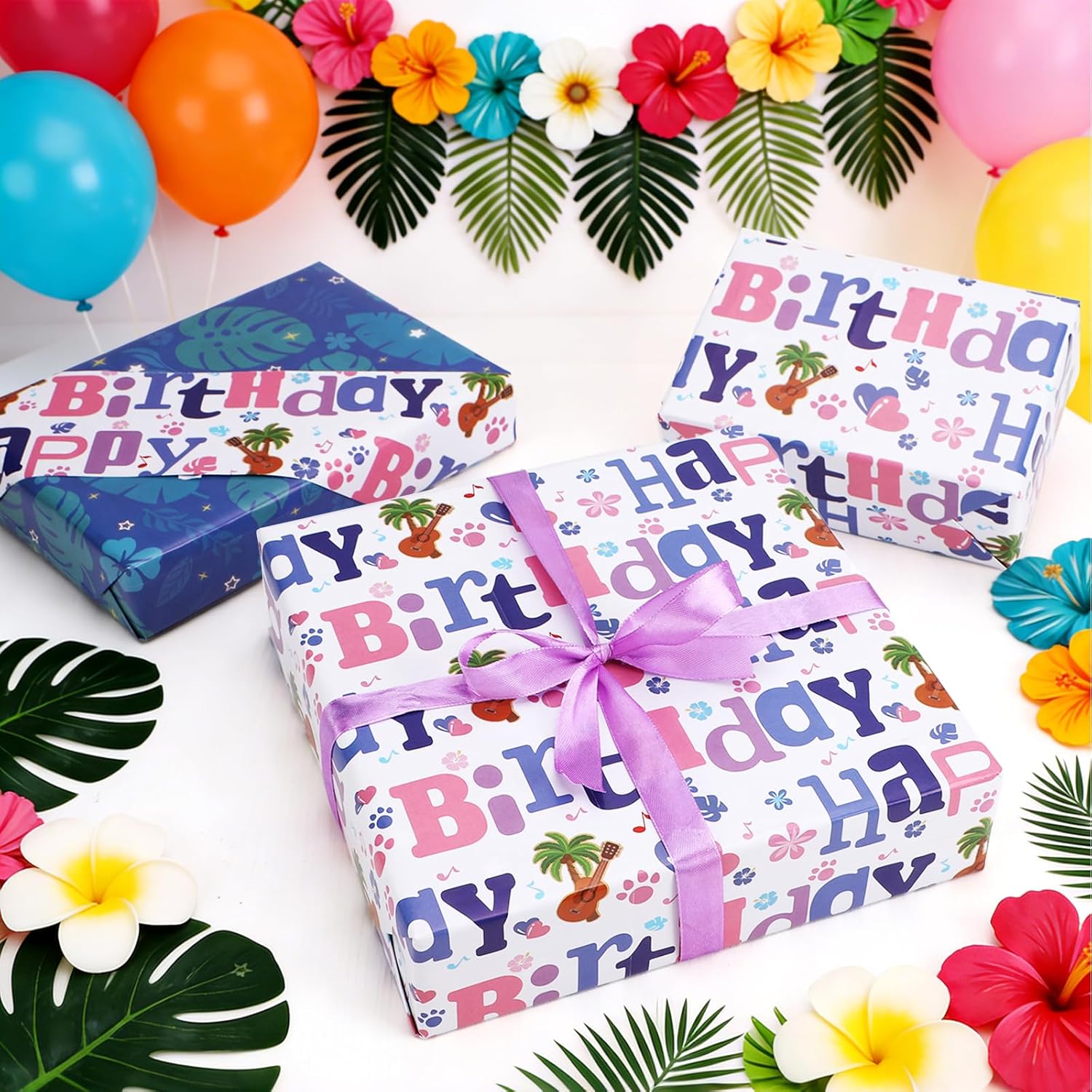 Reversible Hawaiian Happy Birthday Wrapping Paper - 8 Sheets | Tropical Plant & Floral Pattern Gift Wrap Paper For Kids’ Birthdays, Baby Showers, Holiday & Aloha-Themed Greetings 19.7" X 27.6"