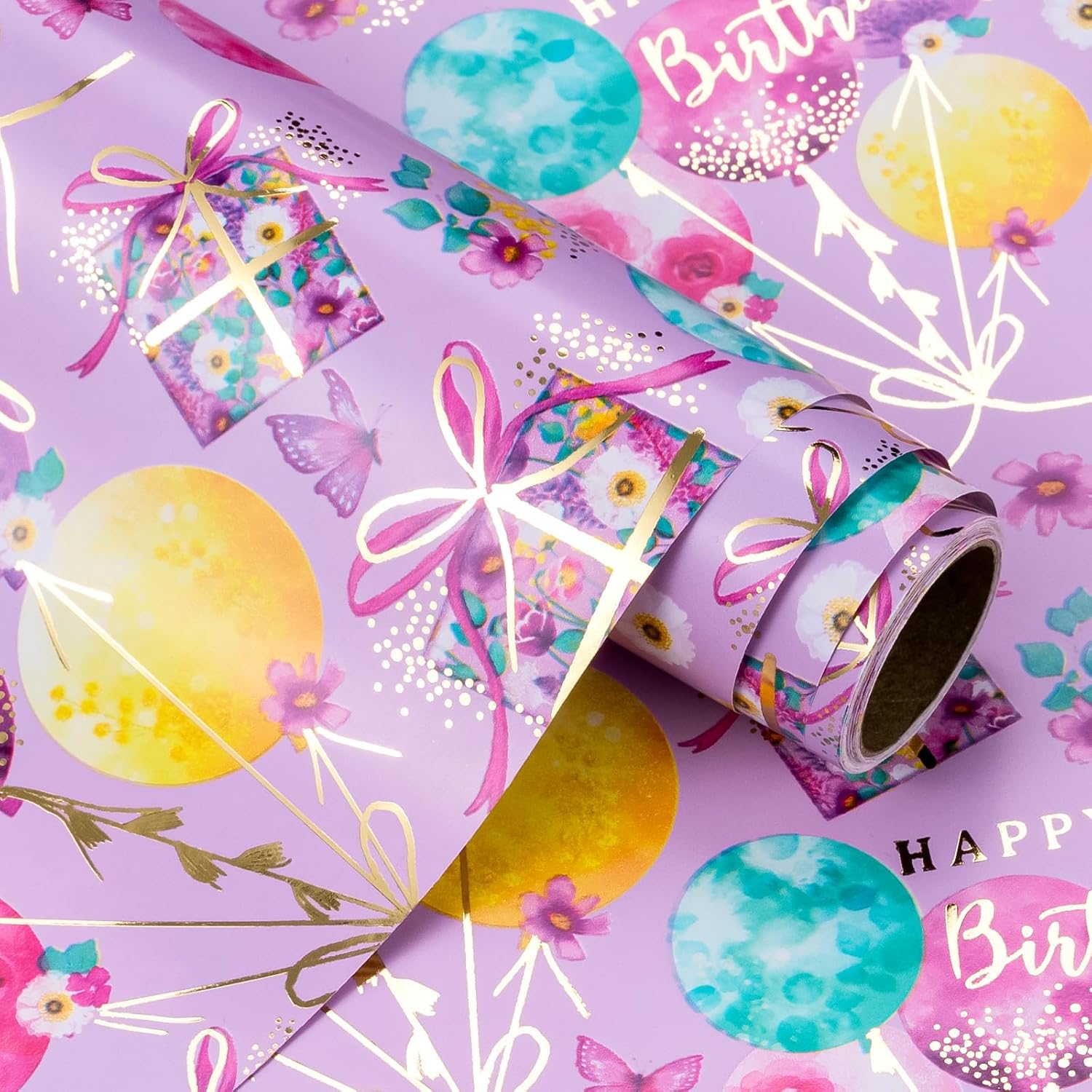 Purple Birthday Wrapping Paper - Mini Roll - 17 Inch X 16.5 Feet - Gold Foil Fantasy Purple Happy Birthday Paper For Kids, Girls, Women, Wedding, Bridal Shower