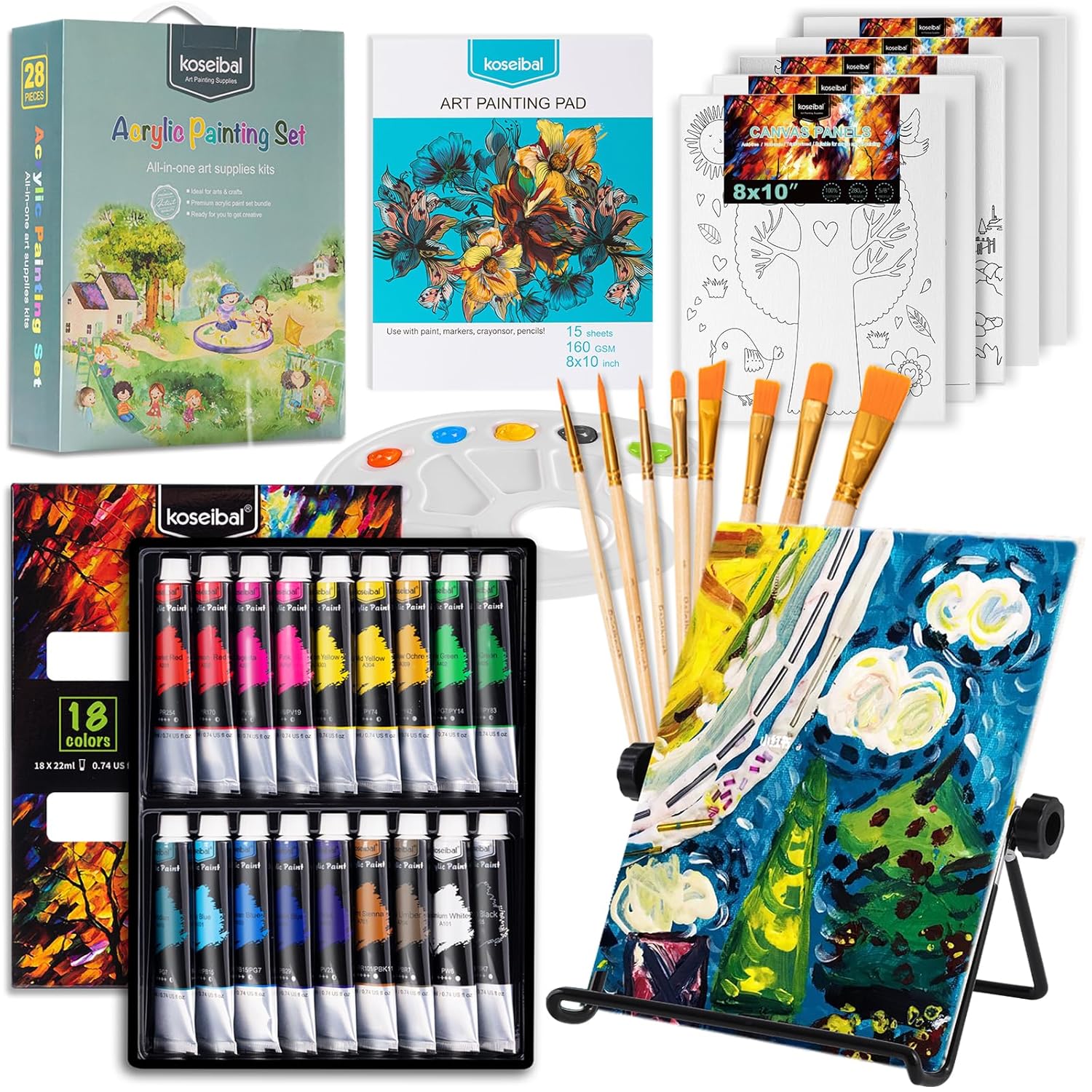 Acrylic Paint Set For Kids, Art Painting Supplies Kit With 18 Paints, 5 Canvas Panels, 8 Brushes, Table Easel, Etc, Premium Paint Set For Students, Artists And Beginner