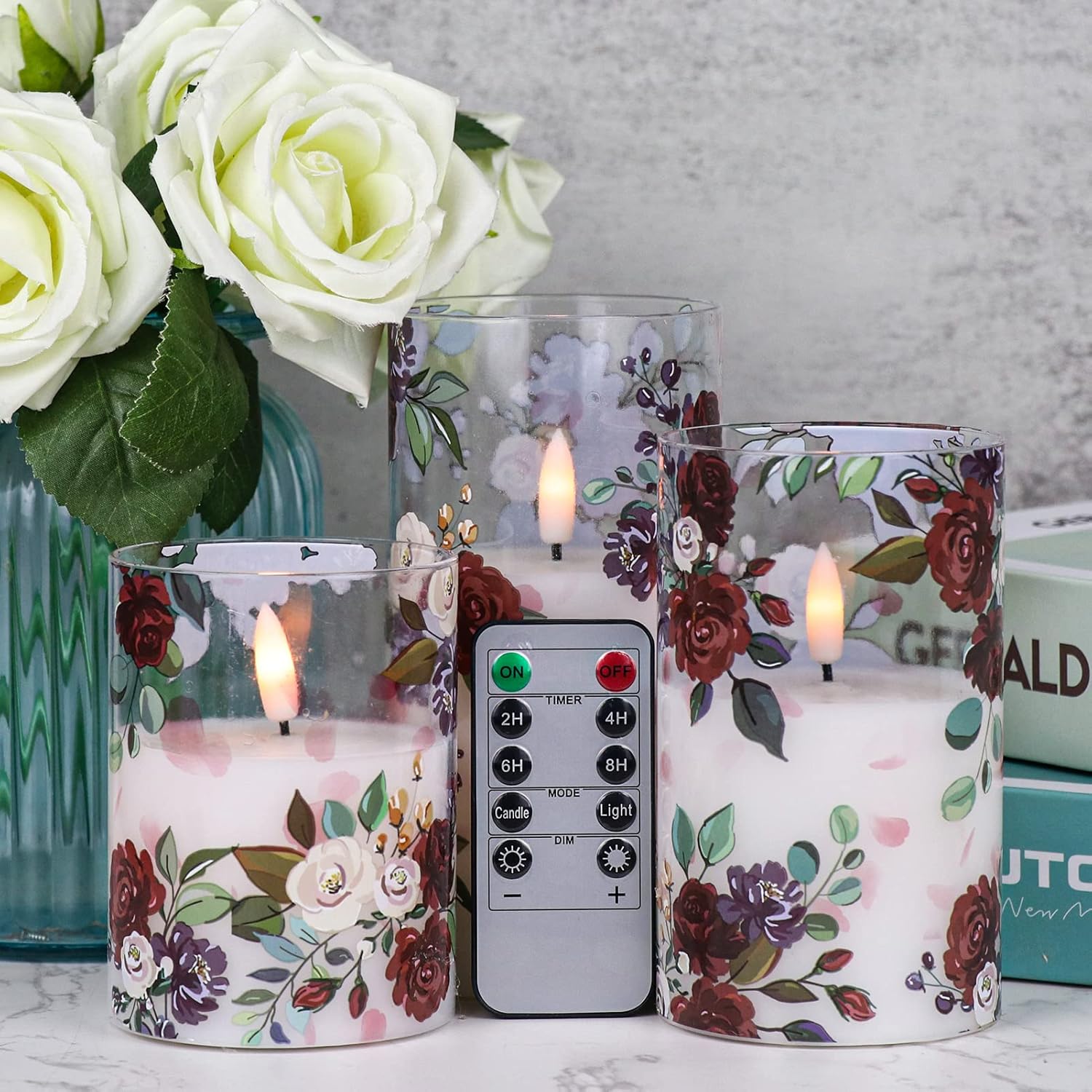 Battery Operated Glass Flameless Candles With Remote And Timer Real Wax 3D Wick Flickering Rose Led Pillar Candles Wedding Dinner Christmas Holiday Decor D3 X H4, 5", 6"