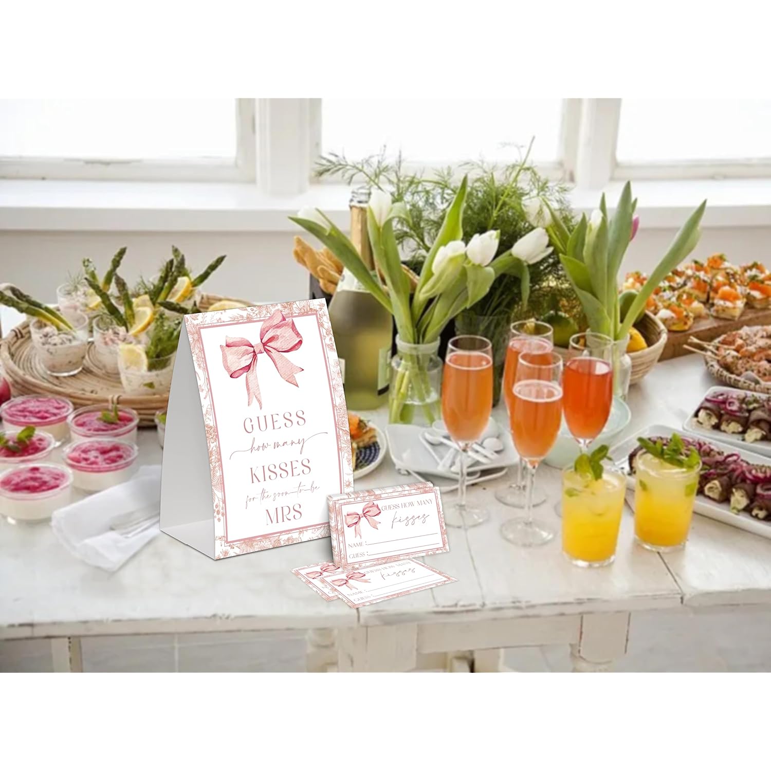 How Many Kisses Bridal Shower Games, Pink Bow Wedding Shower Decorations, Engagement Party Game, Bachelorette Games, Bridal Shower Favors, Bridal Shower Sign And 50 How Many Cards