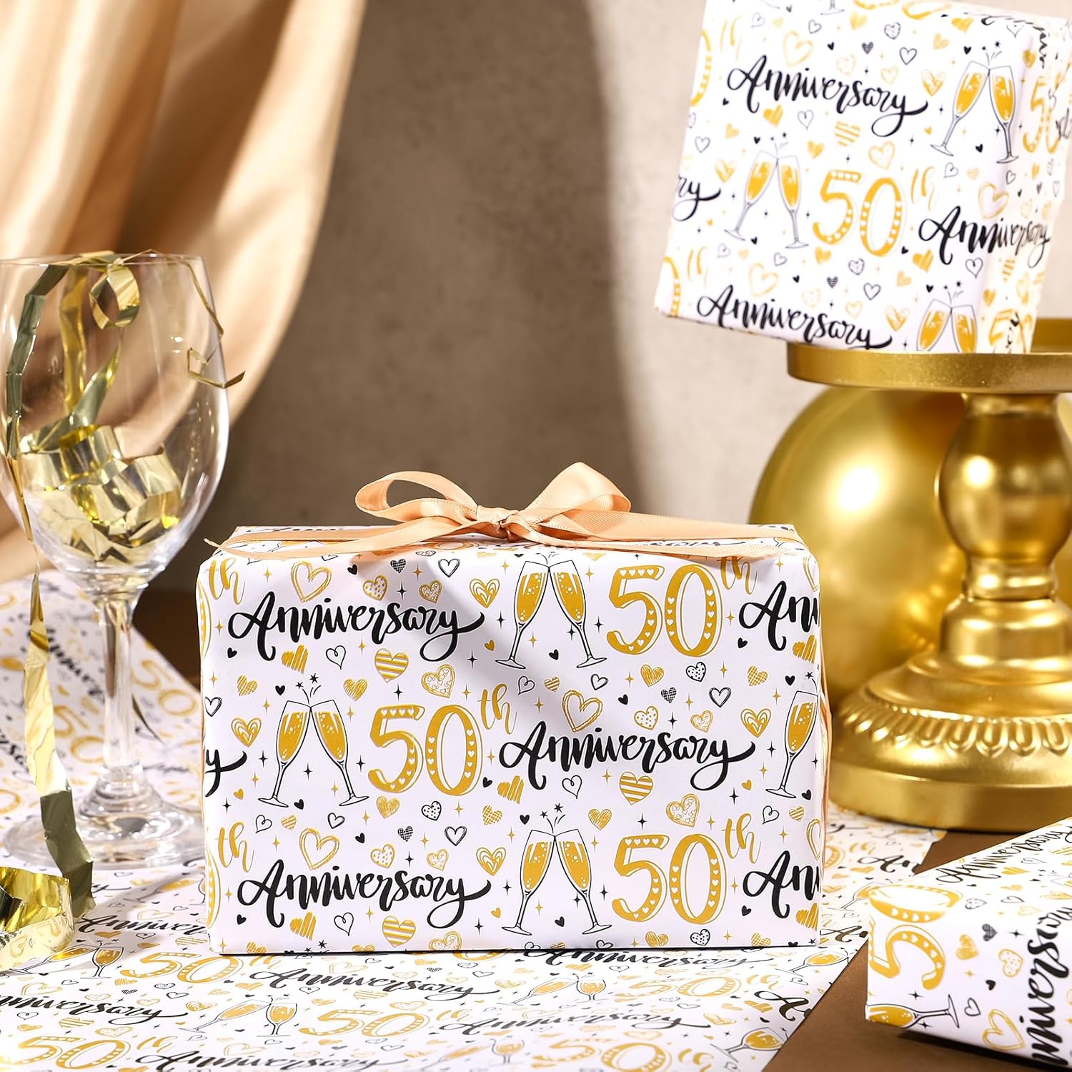 50Th Anniversary Wrapping Paper - Mini Roll - 17 Inch X 33 Feet - Gold 50Th Anniversary Design For Birthday, Party, Holiday