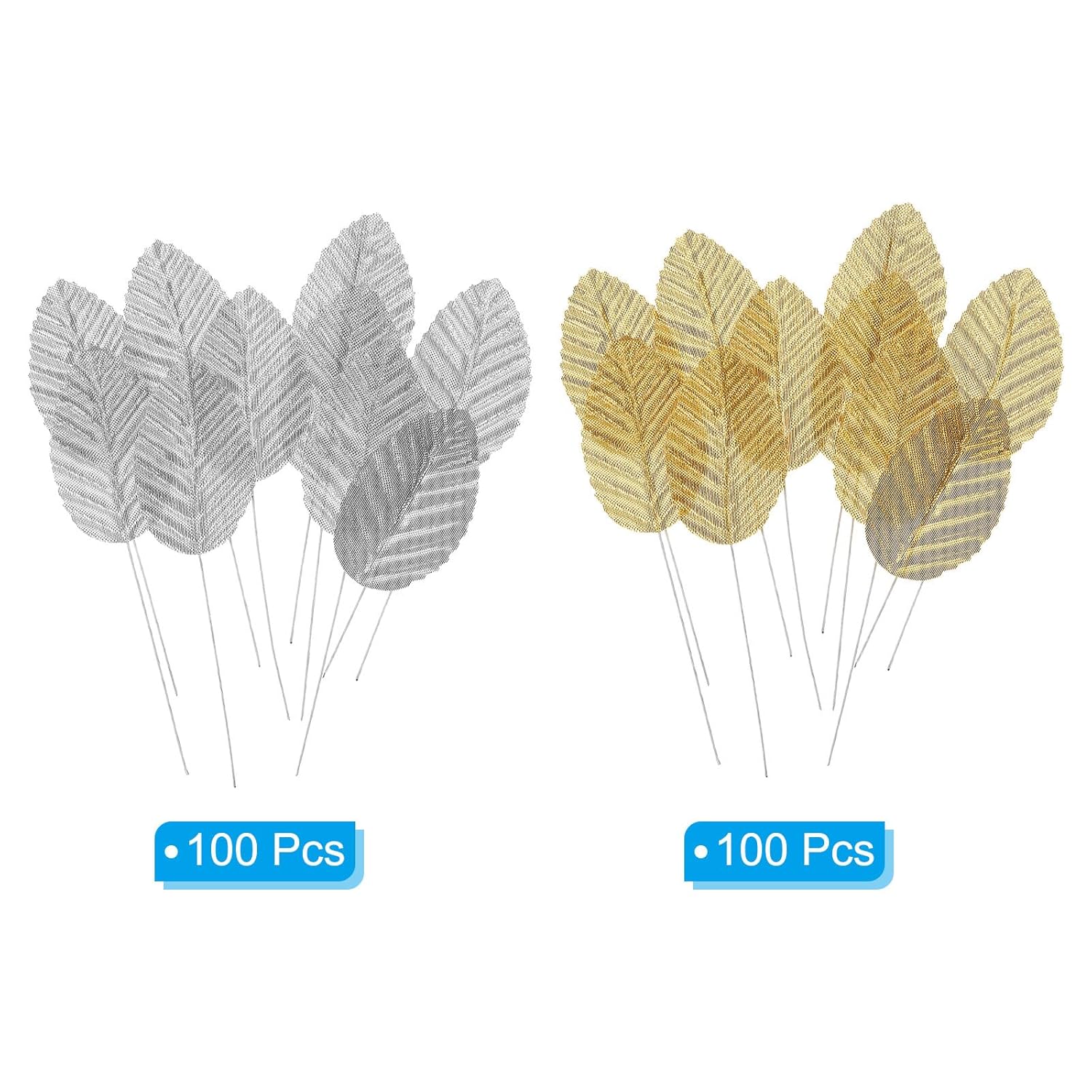 4.3" Artificial Silk Leaf, 200 Pcs Artificial Leaves Stems Fake Leaves Bulk Fake Rose Wire Crafts For Home Office Decor, Gold Silver