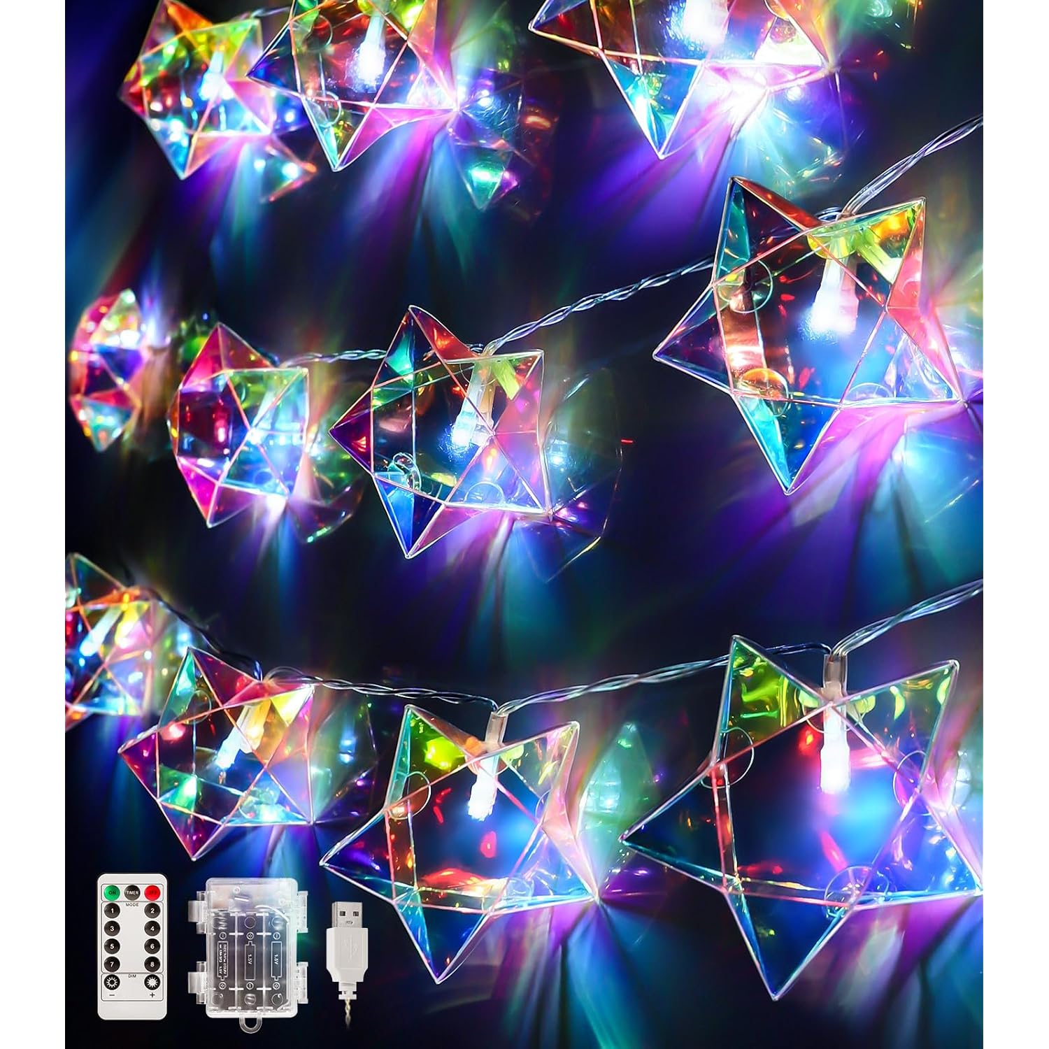 Iridescent Decor 10Ft Star String Lights 20 Led Usb/Battery Operated String Lights Indoor/Outdoor, Holographic Decor For