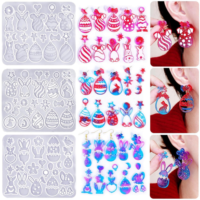 3 Pack Easter Earring Molds For Resin, Easter Bunny Molds Silicone Egg Epoxy Resin Casting Mold With 200Pcs Metal Hook For Keychain Jewelry Pendant Diy Earring Supplies