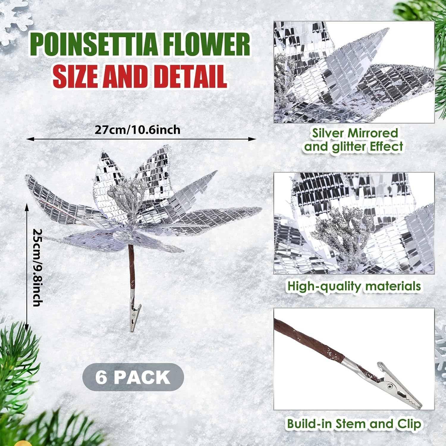 6 Pcs 10.6'' Christmas Large Silver Mirrored Poinsettias With Clips Artificial Glitter Poinsettias Flowers Christmas Tree Ornaments For Xmas New Years Eve Garland Diy Project Winter Wedding Decor