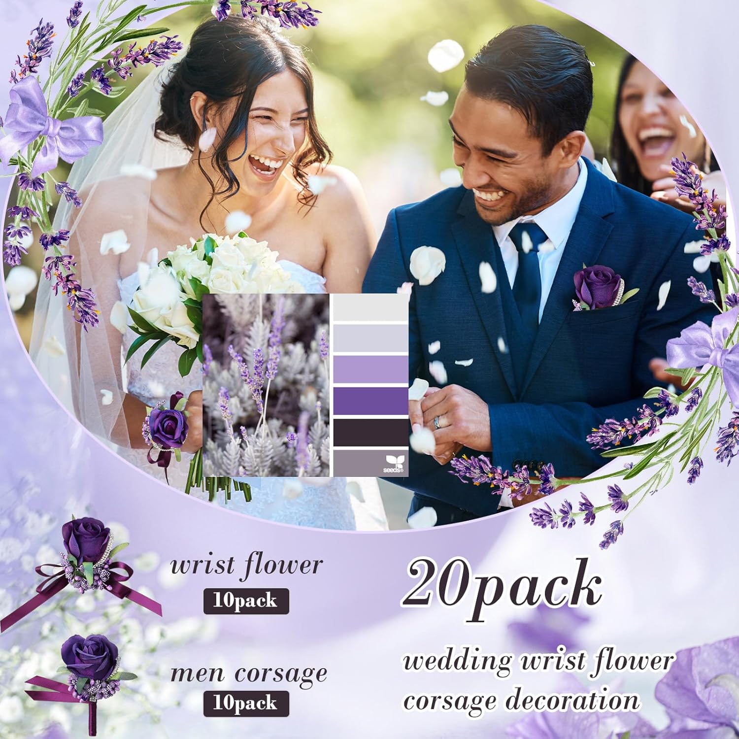 20 Pcs Wedding Corsage And Boutonniere Set Homecoming Artificial Corsage Wristlet And Boutonniere For Men Women Bride Bridesmaid Wedding Flowers Accessories Prom Suit Decorations (Purple)