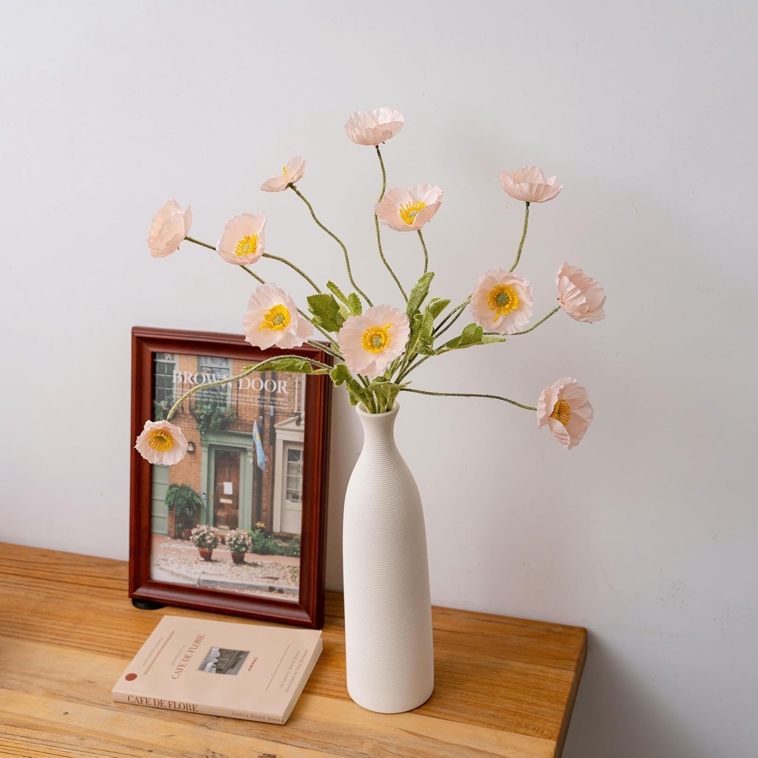 Artificial Flowers In Vase Silk Poppy Flowers For Decoration Realistic Bouquet- Faux Flowers With Vase - Pink Poppy Flowers Home Decor Table Centerpieces Decoration Office Wedding