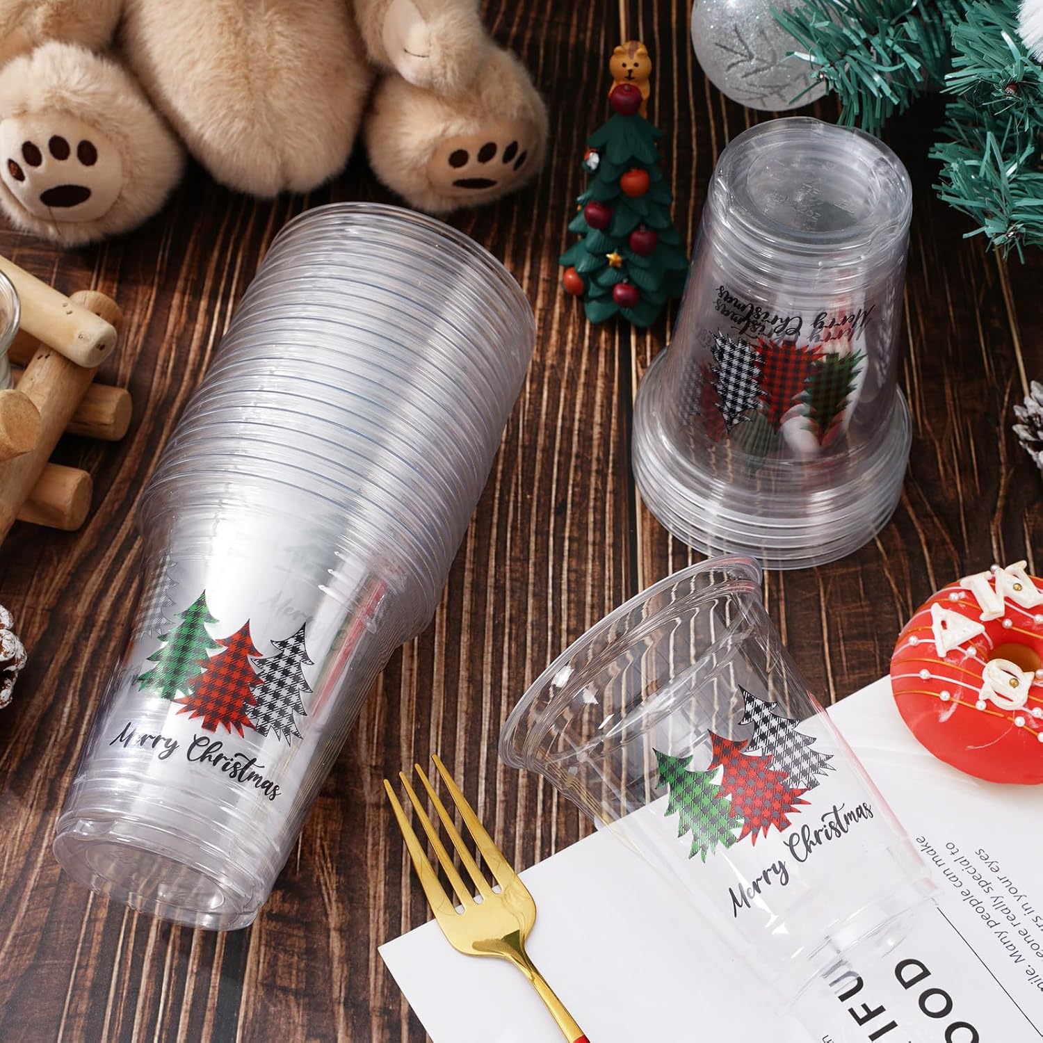 50Pcs 12Oz Christmas Disposable Cups Black Green Red Plaid Plastic Party Cups Christmas Tree Clear Plastic Glasses For Xmas Holiday Coffee Juice Hot Cold Drinks Party Supplies